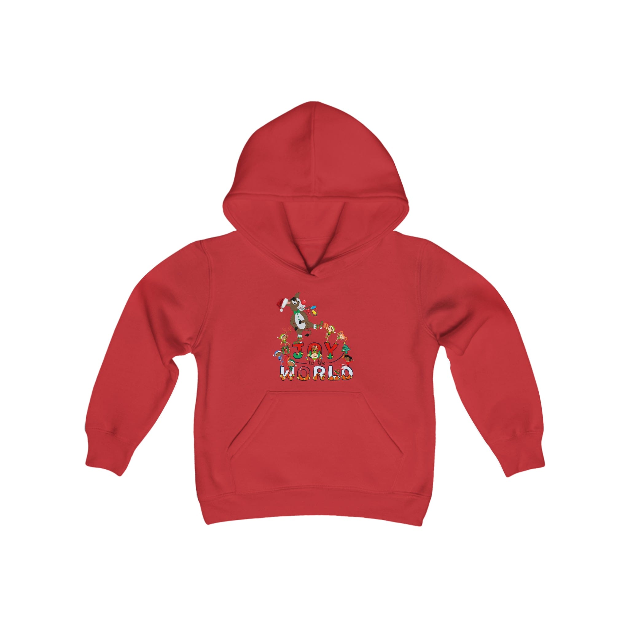 The Joy To The World Donkey Claus Christmas Hoodie (Youth Unisex) by Urban SoulShine & Co features an ultra-soft fleece fabric with a festive red design adorned with green and red decorations. It showcases a playful Donkey Claus image alongside the words "Joy to the World" on the front. This hoodie comes complete with a cozy hood, long sleeves, and a front pocket, making it perfect for festive fun!