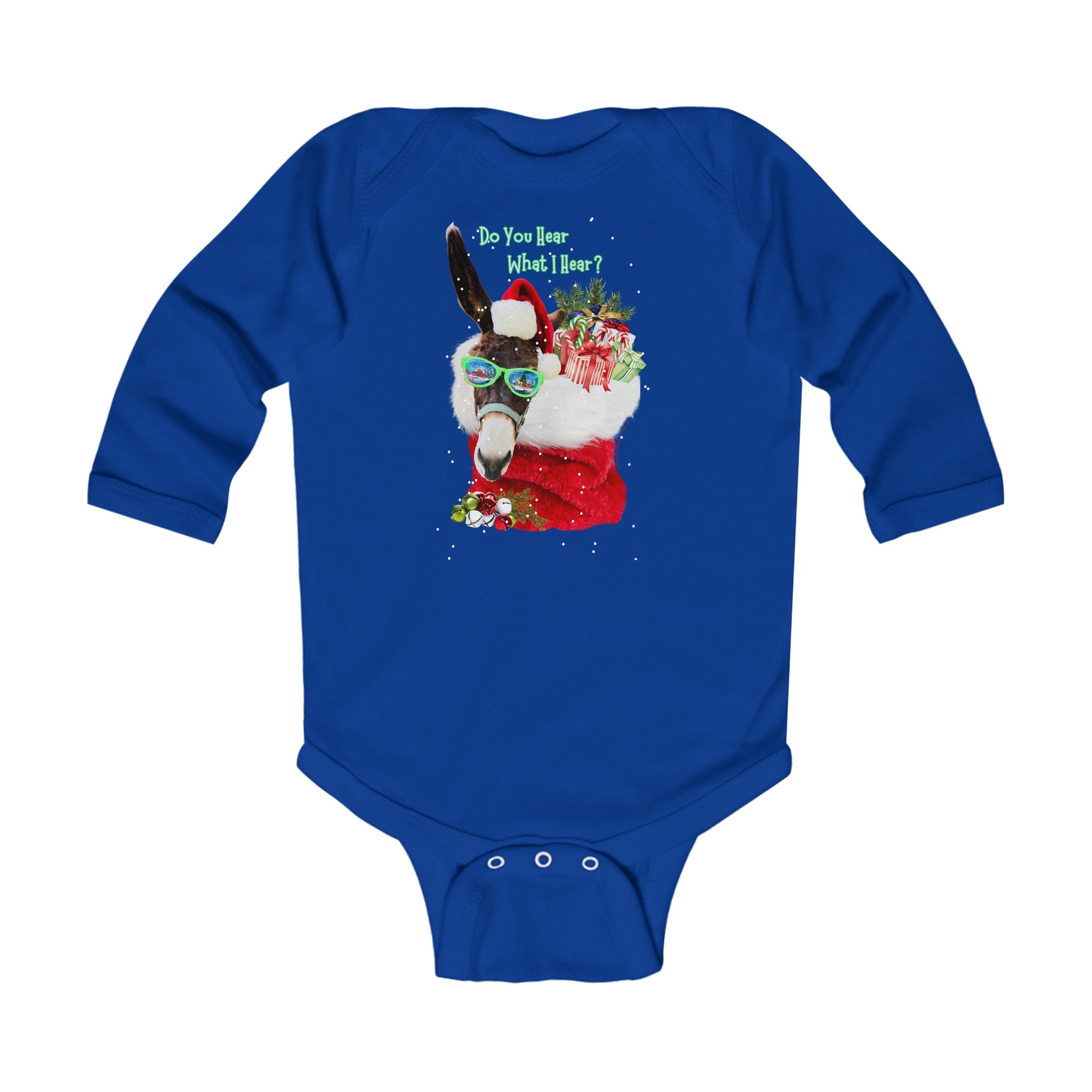 A blue infant bodysuit by Urban SoulShine & co features the Do You Hear What I Hear Donkey Claus Long Sleeve Onesie design, depicting a festive donkey wearing a Santa hat and sunglasses. The donkey holds a red stocking brimming with gifts, accompanied by playful text above that asks, "Do You Hear What I Hear?