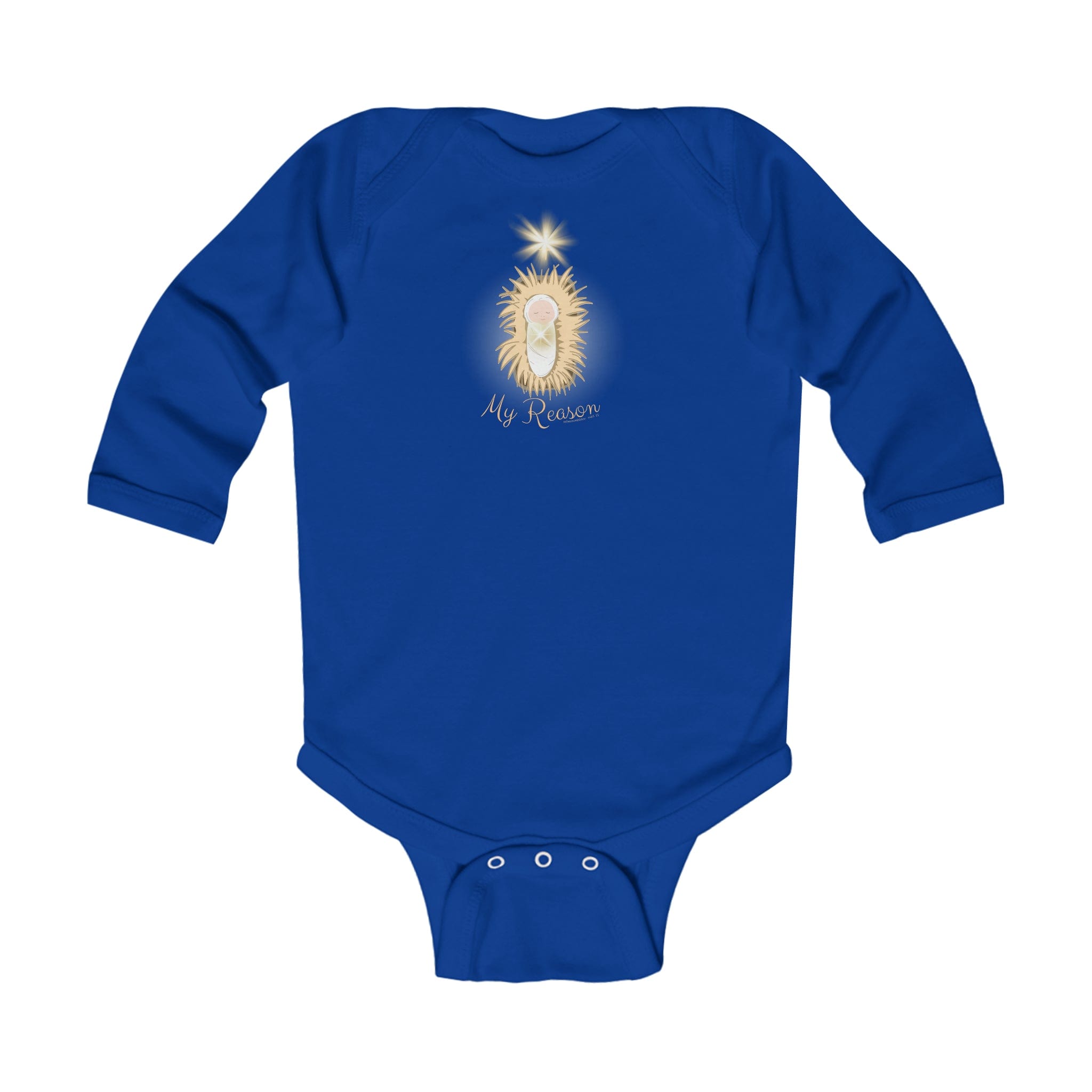 Urban SoulShine & Co's Jesus Is My Reason Long Sleeve Onesie Bodysuit for infants is a blue cotton garment showcasing a baby's footprint design encircled by a heavenly halo and stars, with the elegant cursive phrase "My Reason" beneath the image.