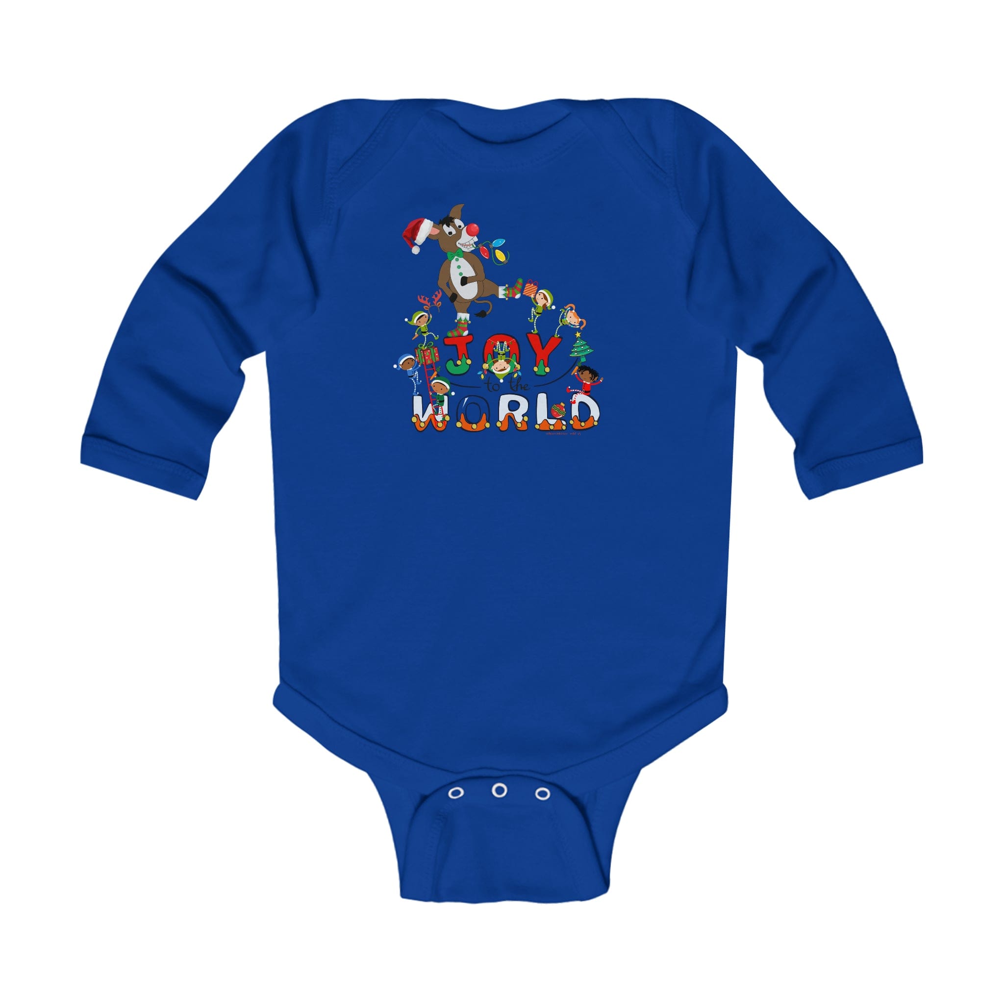 The Urban SoulShine & Co "Joy To The World Donkey Christmas" long sleeve onesie for infants showcases colorful cartoon animals spelling out "JOY WORLD" on the front. It includes three snap closures at the bottom, combining cuteness with practicality for your little one.