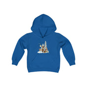 The Urban SoulShine & co Donkey Claus Street Player Hoodie (Youth Unisex) offers a festive design with a vibrant blue backdrop, showcasing a bear wearing a scarf facing a snow-covered tree. It is complete with details such as a street lamp and wrapped gifts, making it perfect for adding holiday cheer to any wardrobe.