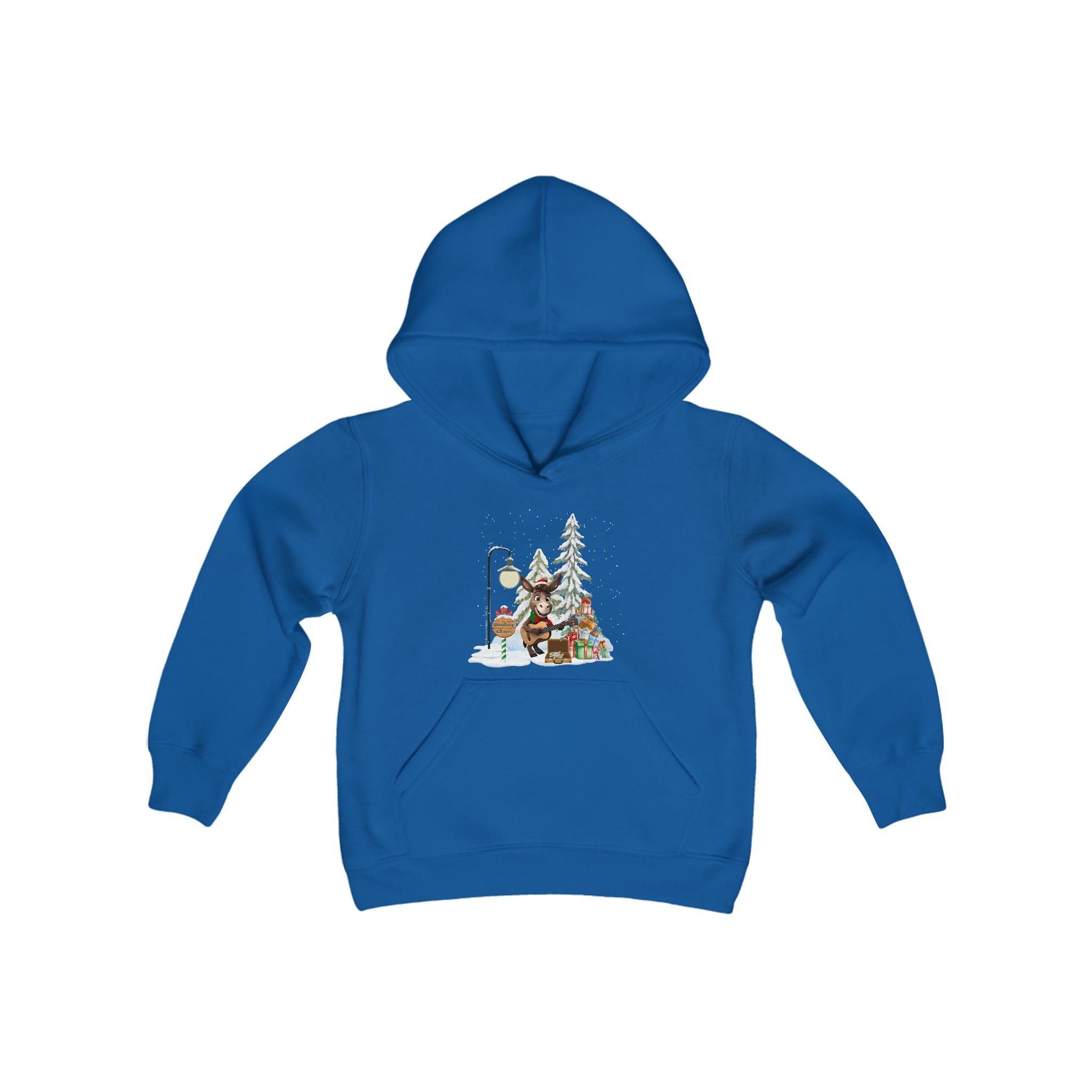 The Urban SoulShine & co Donkey Claus Street Player Hoodie (Youth Unisex) offers a festive design with a vibrant blue backdrop, showcasing a bear wearing a scarf facing a snow-covered tree. It is complete with details such as a street lamp and wrapped gifts, making it perfect for adding holiday cheer to any wardrobe.