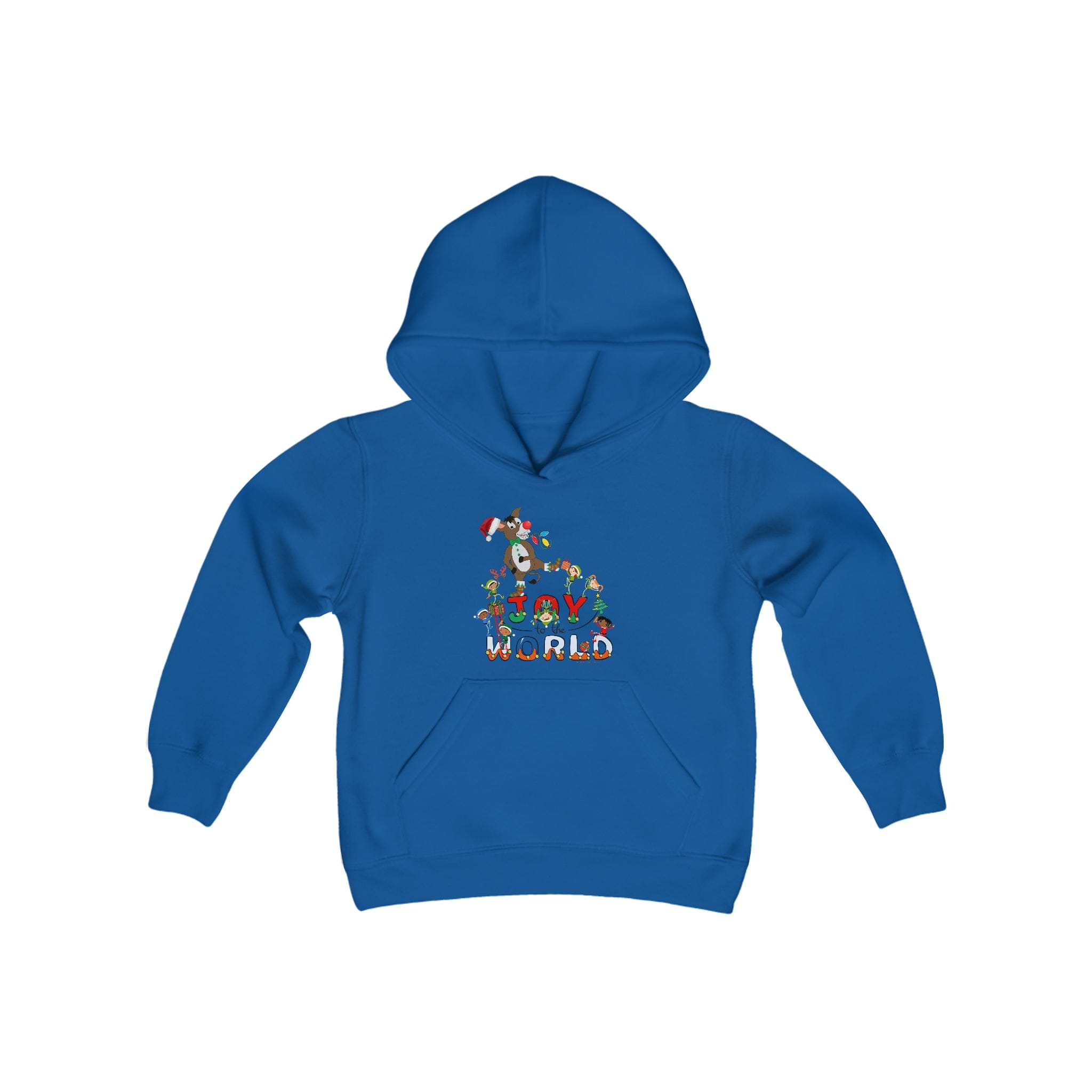 Urban SoulShine & co’s Joy To The World Donkey Claus Christmas Hoodie is a vibrant blue youth sweatshirt for children, adorned with a lively design featuring various small characters and the Donkey Claus image surrounding the phrase "Glow World" on the front. Crafted from ultra-soft fleece, it ensures kids stay cozy and stylish.