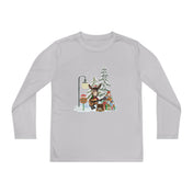 An Urban SoulShine & co gray Donkey Claus Street Player Christmas Long Sleeve Competitor Tee (Youth Unisex) showcases moisture-wicking PosiCharge technology and depicts a festive bear wearing a Santa hat, playing guitar by a streetlamp amid snow-covered trees and vibrant presents.