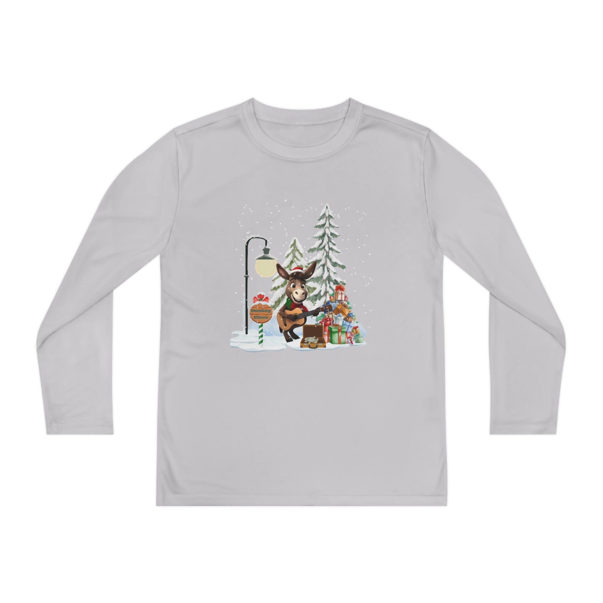 An Urban SoulShine & co gray Donkey Claus Street Player Christmas Long Sleeve Competitor Tee (Youth Unisex) showcases moisture-wicking PosiCharge technology and depicts a festive bear wearing a Santa hat, playing guitar by a streetlamp amid snow-covered trees and vibrant presents.