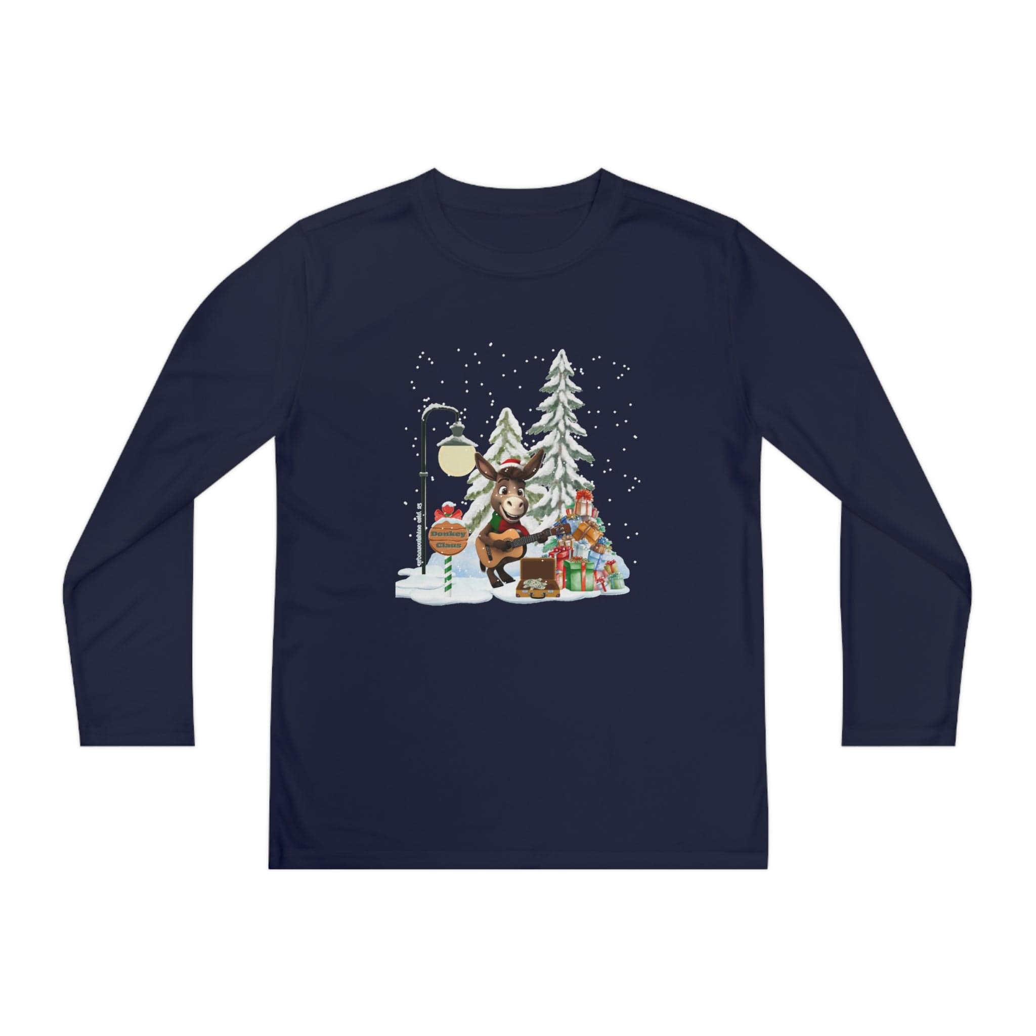 Get into the holiday spirit with the Donkey Claus Street Player Christmas Long Sleeve Competitor Tee (Youth Unisex) by Urban SoulShine & co. This navy blue, moisture-wicking shirt showcases a festive illustration of a bear in a Santa hat playing guitar alongside a snow-covered streetlamp, pine tree, and colorful presents, all beautifully accented by falling snowflakes. Enjoy both comfort and style with this wonderful design.