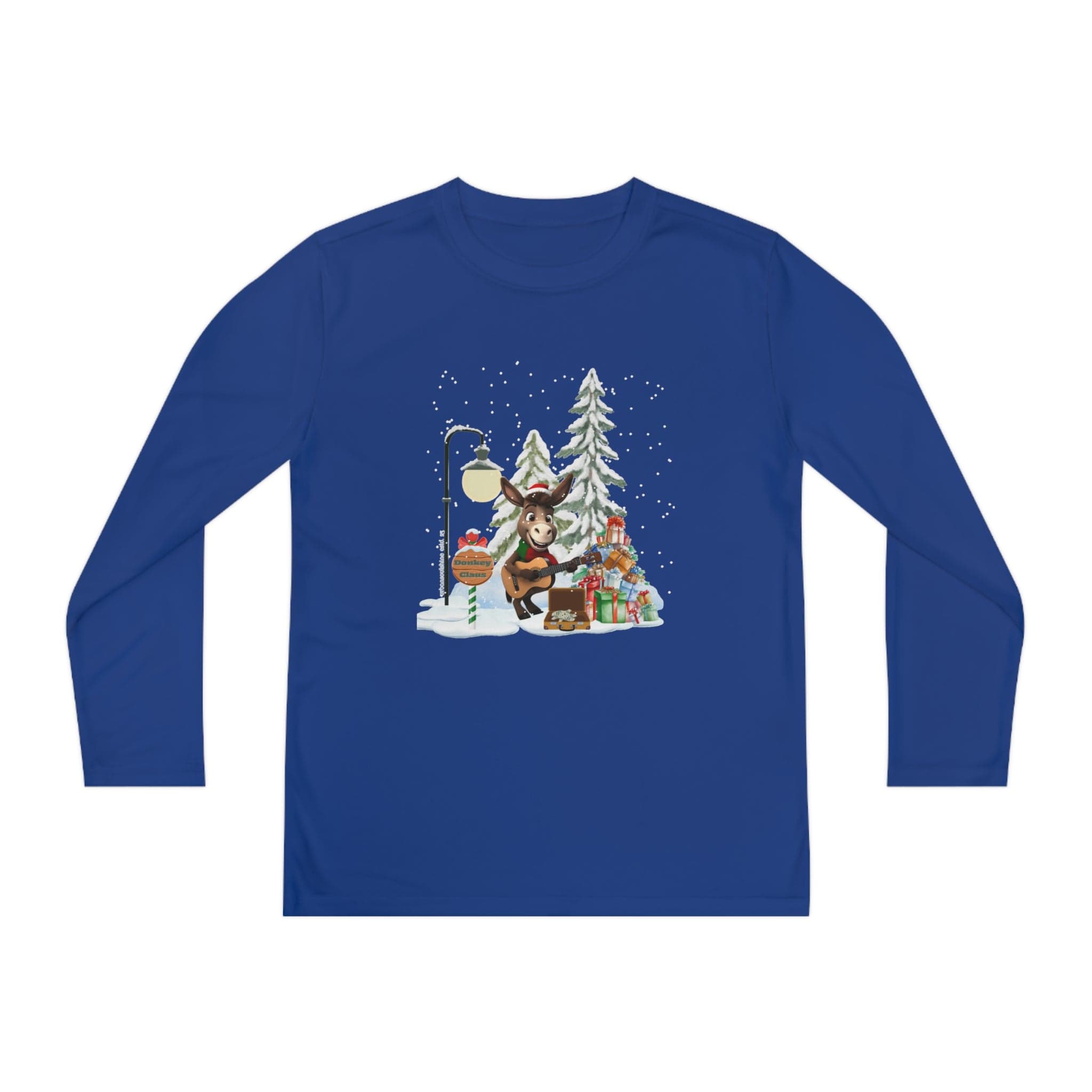 Discover the perfect blend of comfort and style with our Donkey Claus Street Player Christmas Long Sleeve Competitor Tee, designed for youth unisex by Urban SoulShine & Co. Featuring a festive design with a bear playing guitar, surrounded by a snow-covered lamp post and pine trees, this blue tee is crafted from moisture-wicking PosiCharge Sport-Tek fabric. Enjoy the snowfall and colorful presents in cozy fashion.