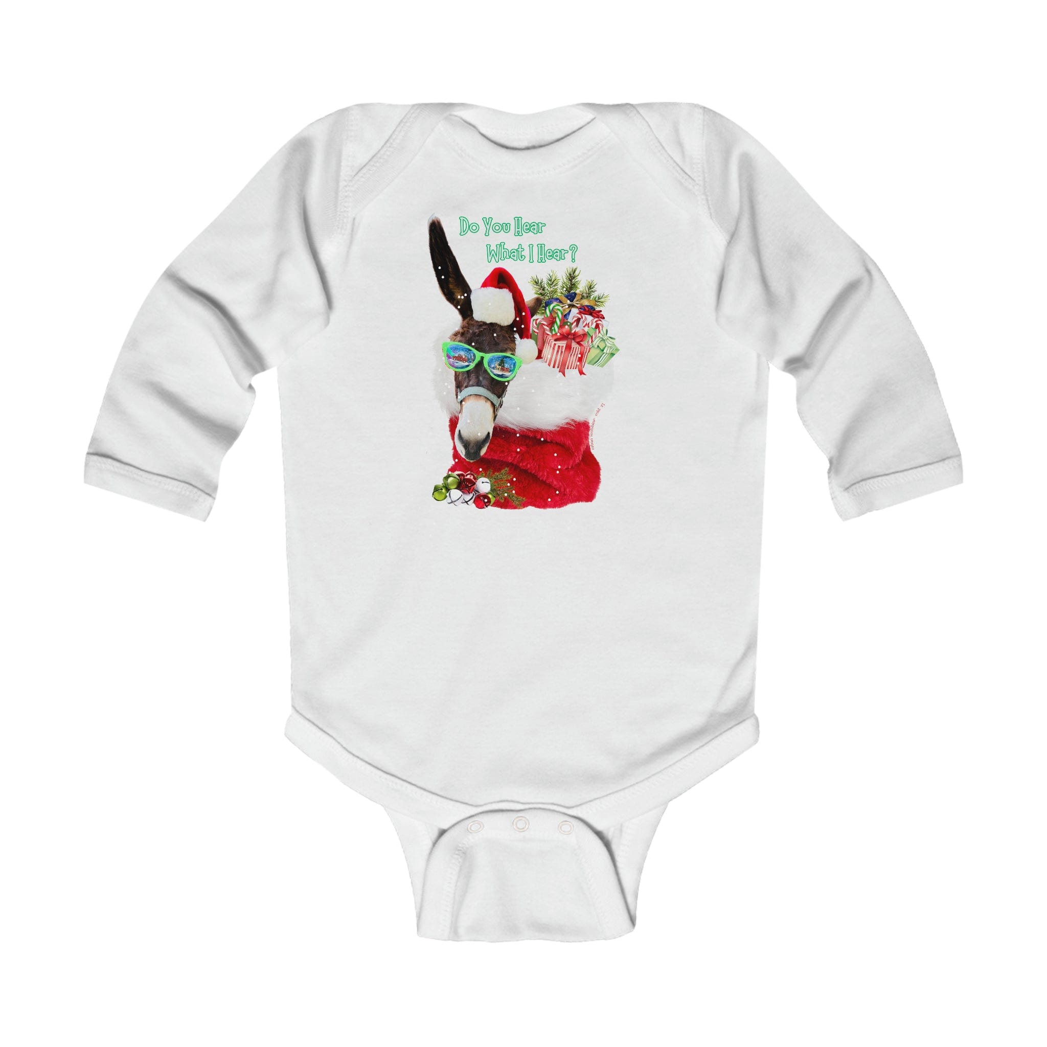 The Urban SoulShine & co "Do You Hear What I Hear Donkey Claus Long Sleeve Onesie" for infants highlights a white bodysuit adorned with a cheerful Donkey Claus design. The scene depicts a donkey sporting sunglasses and a Santa hat, with an eye-catching gift bag nearby. Above the donkey, the phrase “Do you hear what I hear?” adds to the festive charm.