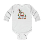 Product Description: The Joy To The World Donkey Christmas Long Sleeve Onesie (Infant) by Urban SoulShine & co is a charming white garment adorned with a vibrant design. It features the festive phrase "JOY to the WORLD" alongside a whimsical Christmas donkey, reindeer, ornaments, and gifts encircling the text.