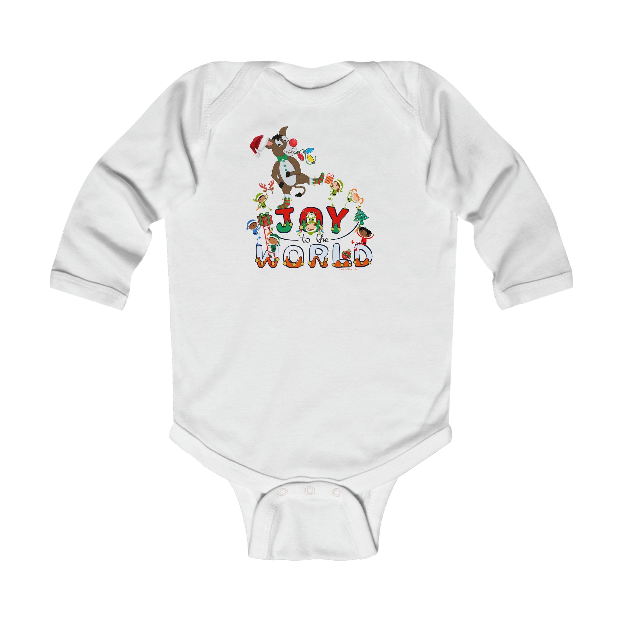 Product Description: The Joy To The World Donkey Christmas Long Sleeve Onesie (Infant) by Urban SoulShine & co is a charming white garment adorned with a vibrant design. It features the festive phrase "JOY to the WORLD" alongside a whimsical Christmas donkey, reindeer, ornaments, and gifts encircling the text.