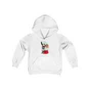 This "Do You Hear What I Hear Donkey Claus Hoodie (Youth Unisex)" by Urban SoulShine & co features a charming illustration of a bunny wearing glasses and a red scarf, surrounded by books and flowers. The playful text above reads, "I'm Busy Doing Christmas Stuff." It's an ideal choice for those looking for a youth blend hooded sweatshirt with festive flair.