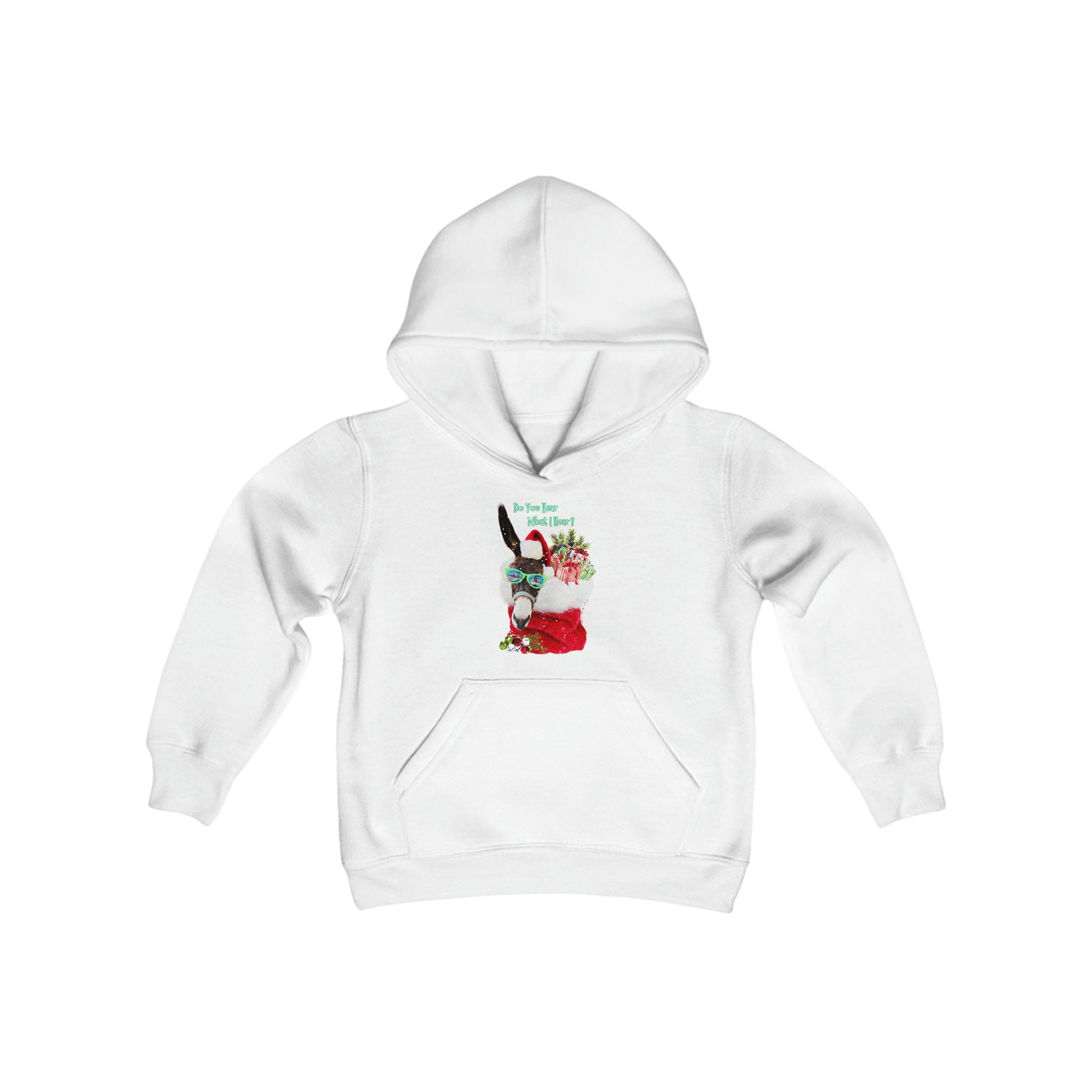 This "Do You Hear What I Hear Donkey Claus Hoodie (Youth Unisex)" by Urban SoulShine & co features a charming illustration of a bunny wearing glasses and a red scarf, surrounded by books and flowers. The playful text above reads, "I'm Busy Doing Christmas Stuff." It's an ideal choice for those looking for a youth blend hooded sweatshirt with festive flair.