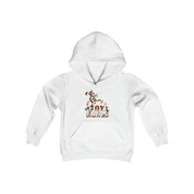 The Joy To The World Donkey Claus Christmas Hoodie, by Urban SoulShine & Co, is crafted from ultra-soft fleece for youth. It showcases a vibrant design with whimsical elements like a toy donkey and decorative "Toy World" text. Featuring a pocket and long sleeves, it's ideal for fun outings.