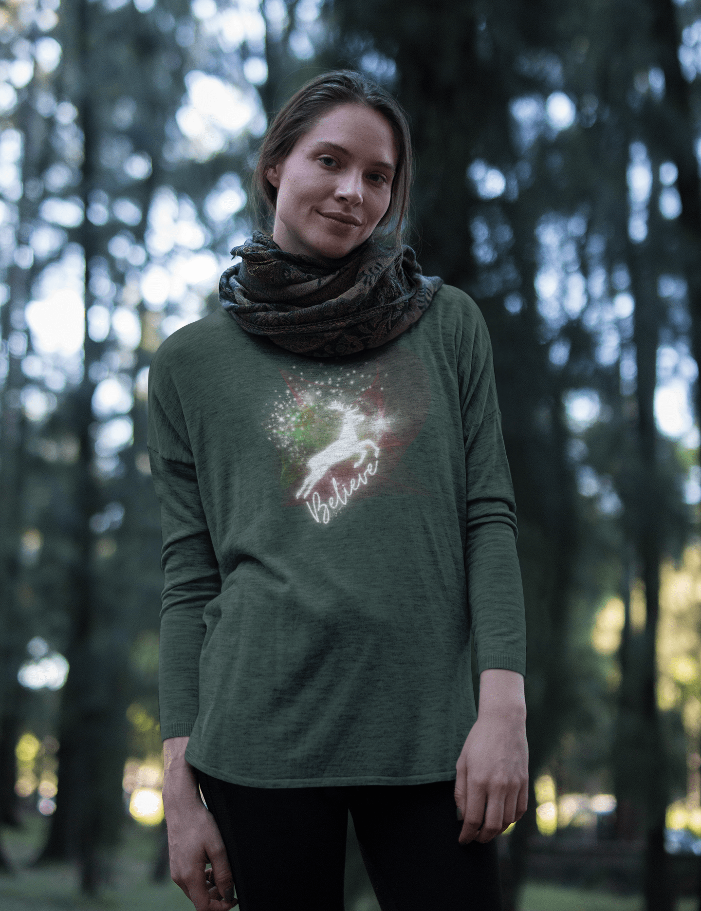 Urban SoulShine & co Long-sleeve Believe In Light Christmas Reindeer Long Sleeve Tee (Unisex)