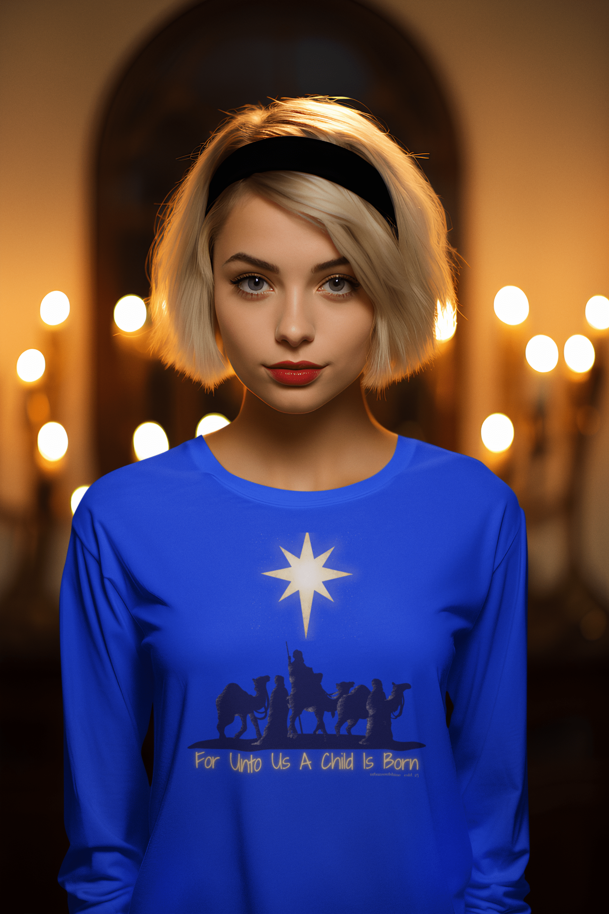 A person with short blonde hair and a black headband wears the Urban SoulShine & co "For Unto Us A Child Is Born" Christmas Long Sleeve Tee. This blue shirt is made from Airlume combed cotton and showcases a silhouette of a nativity scene with Christmas wisemen, adorned by a bright star and the text "For Unto Us A Child Is Born." Soft, warm lighting complements the blurred glow of candles in the background.