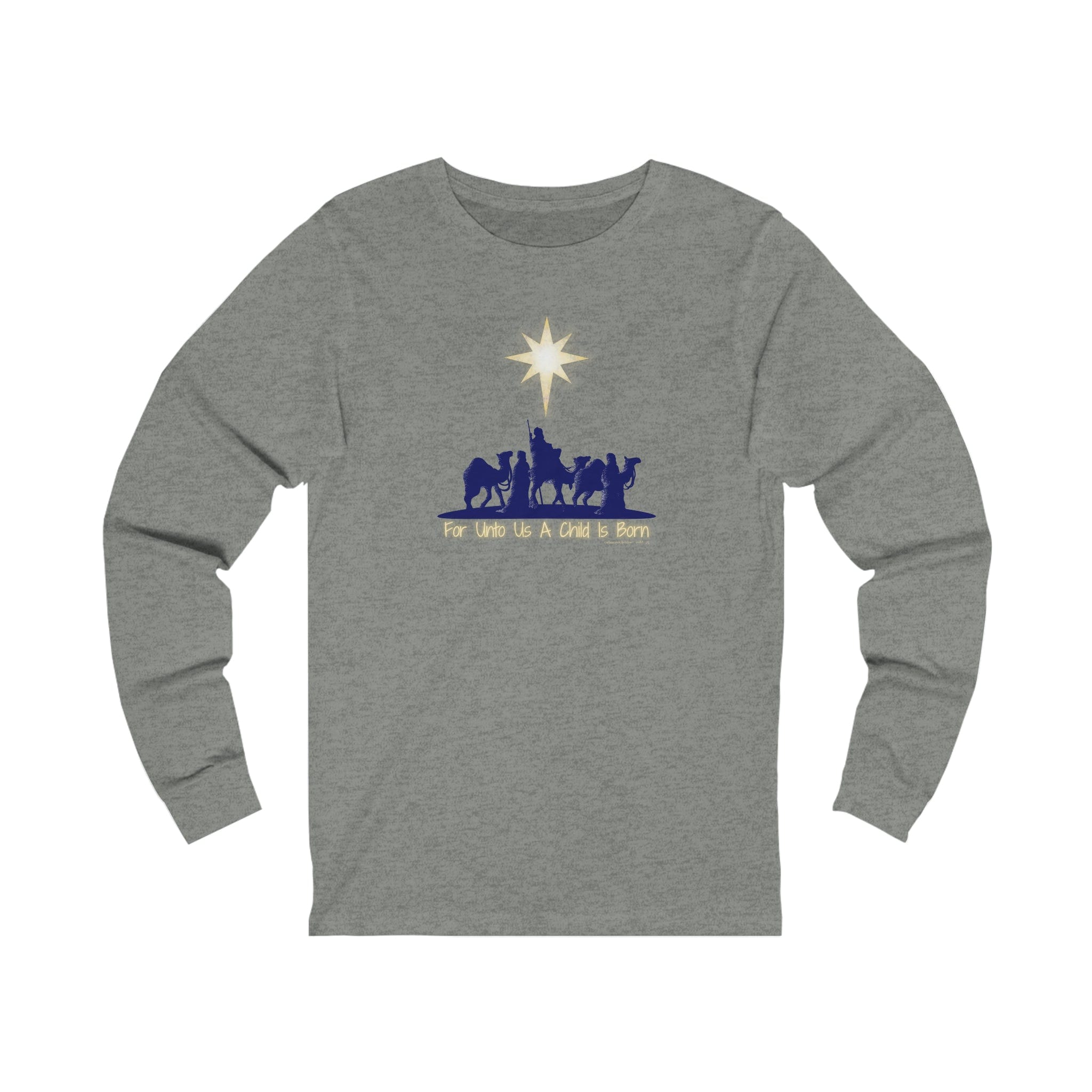 The Urban SoulShine & co For Unto Us A Child Is Born Christmas Long Sleeve Tee features a unisex design in gray with a captivating nativity silhouette, depicting three wise men and animals under a prominent star. Beneath the image, the text reads "For Unto Us A Child Is Born." This tee is crafted from soft Airlume combed cotton for ultimate comfort.