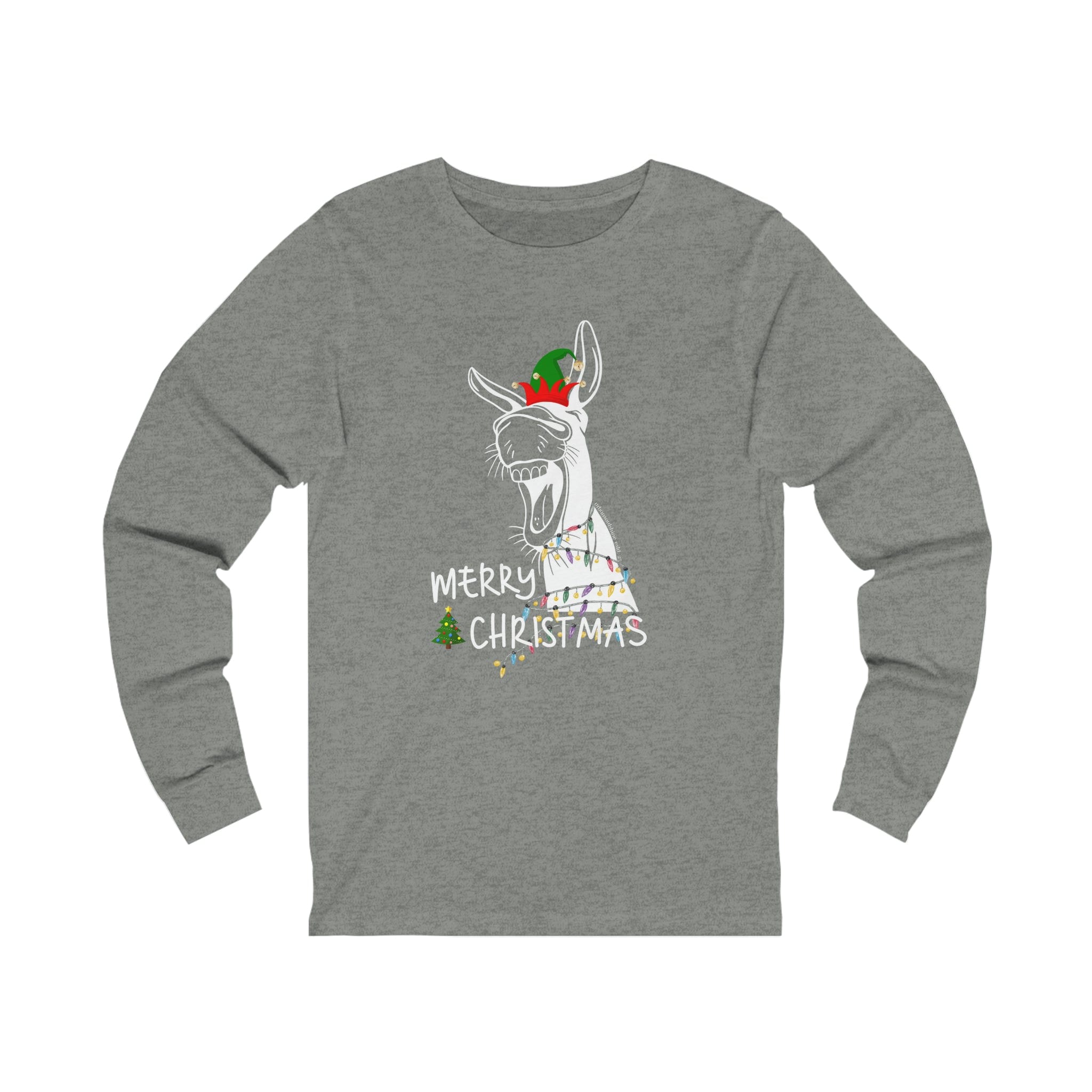 This unisex tee from Urban SoulShine & co, named the Merry Donkey Long Sleeve Christmas Tee, is crafted from soft Airlume combed cotton and features a gray design showcasing a cartoon llama wearing a Santa hat and scarf. Below it, "Merry Christmas" shines brightly with decorative lights and a small Christmas tree.