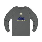 The "For Unto Us A Child Is Born Christmas Long Sleeve Tee (Unisex)" by Urban SoulShine & co is a gray tee showcasing a stunning Christmas wisemen design. The nativity scene depicts three wise men on camels, with a bright star overhead. The text beneath reads, "For Unto Us a Child Is Born." Made from soft Airlume combed cotton for exceptional comfort.