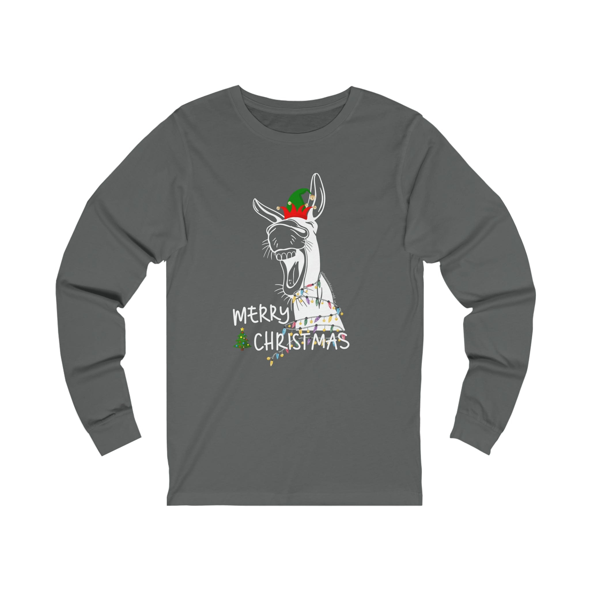 The Merry Donkey Long Sleeve Christmas Tee, brought to you by Urban SoulShine & co, features a playful donkey sporting a Santa hat and colorful festive lights against a gray background. Crafted from soft Airlume combed cotton, it cheerfully spells "Merry Christmas" in vibrant letters.