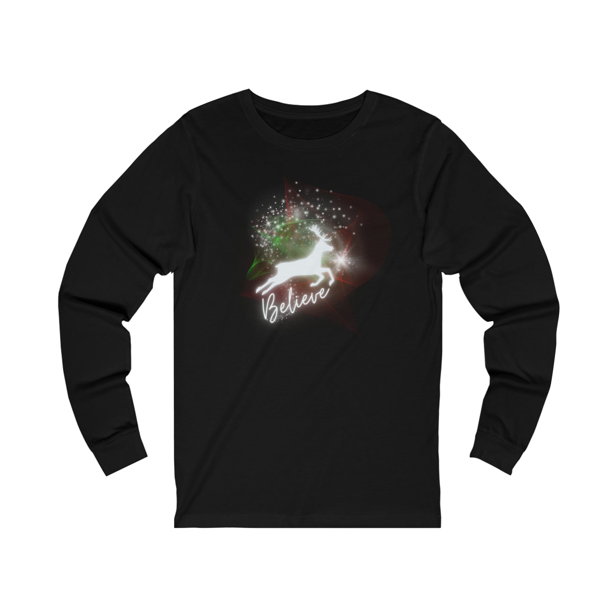  Black Believe In Light Christmas Reindeer Long Sleeve Tee (Unisex)