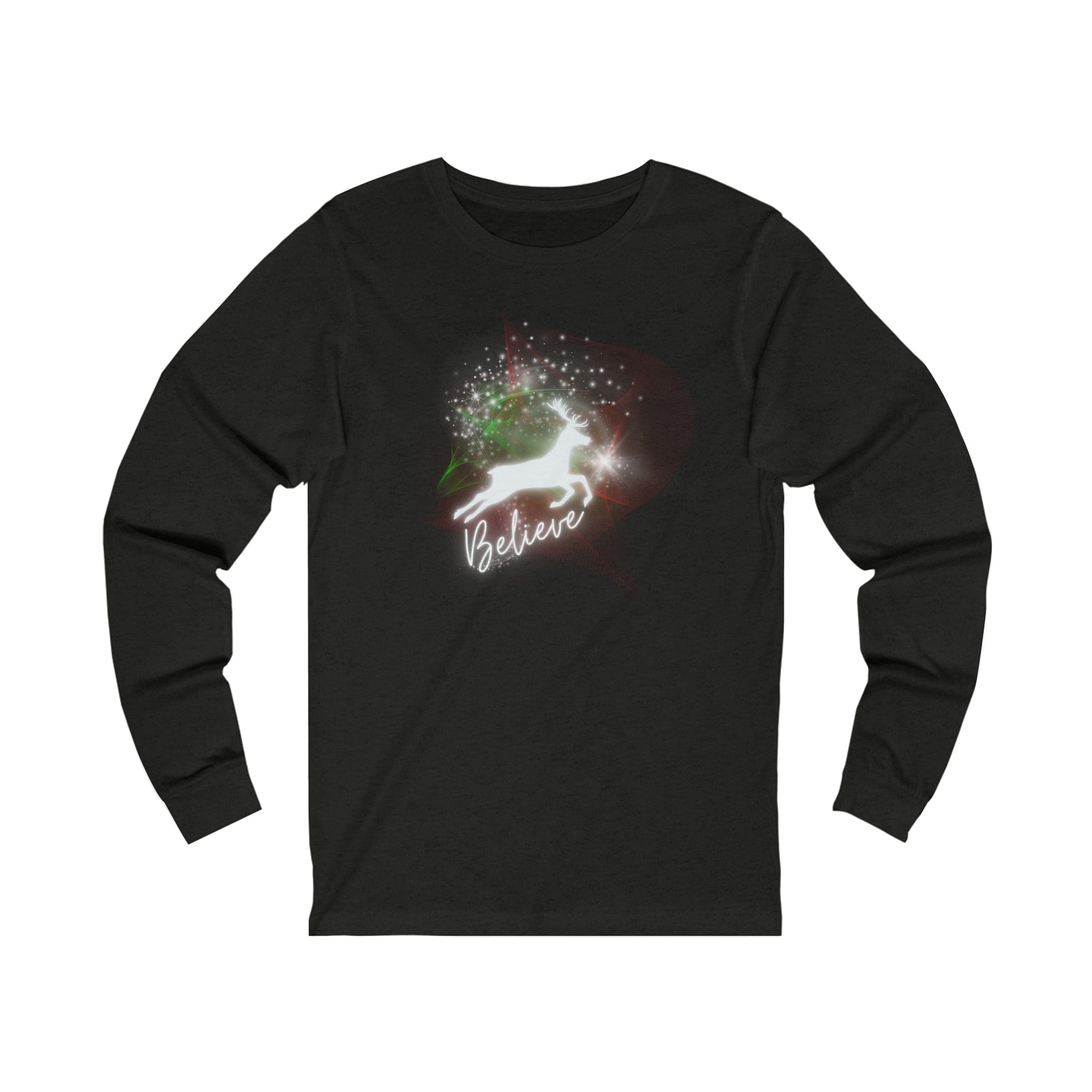  Black Heather Believe In Light Christmas Reindeer Long Sleeve Tee (Unisex)