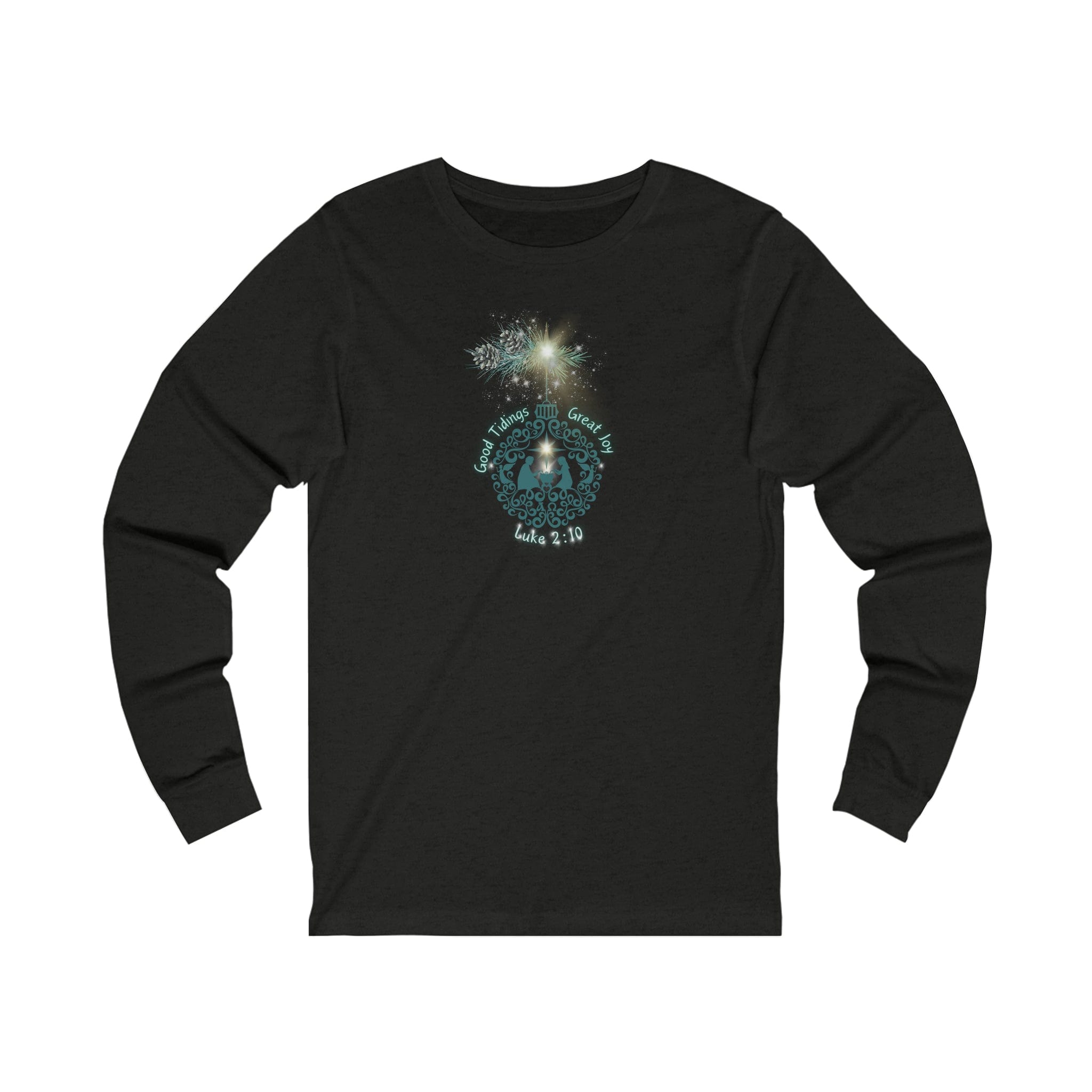 Introducing the Good Tidings Great Joy Christmas Wish Glowing Long Sleeve Tee (Unisex) from Urban SoulShine & co, featuring a festive design with fireworks and the decorative text "Good Tidings of Great Joy" and "Luke 2:10.