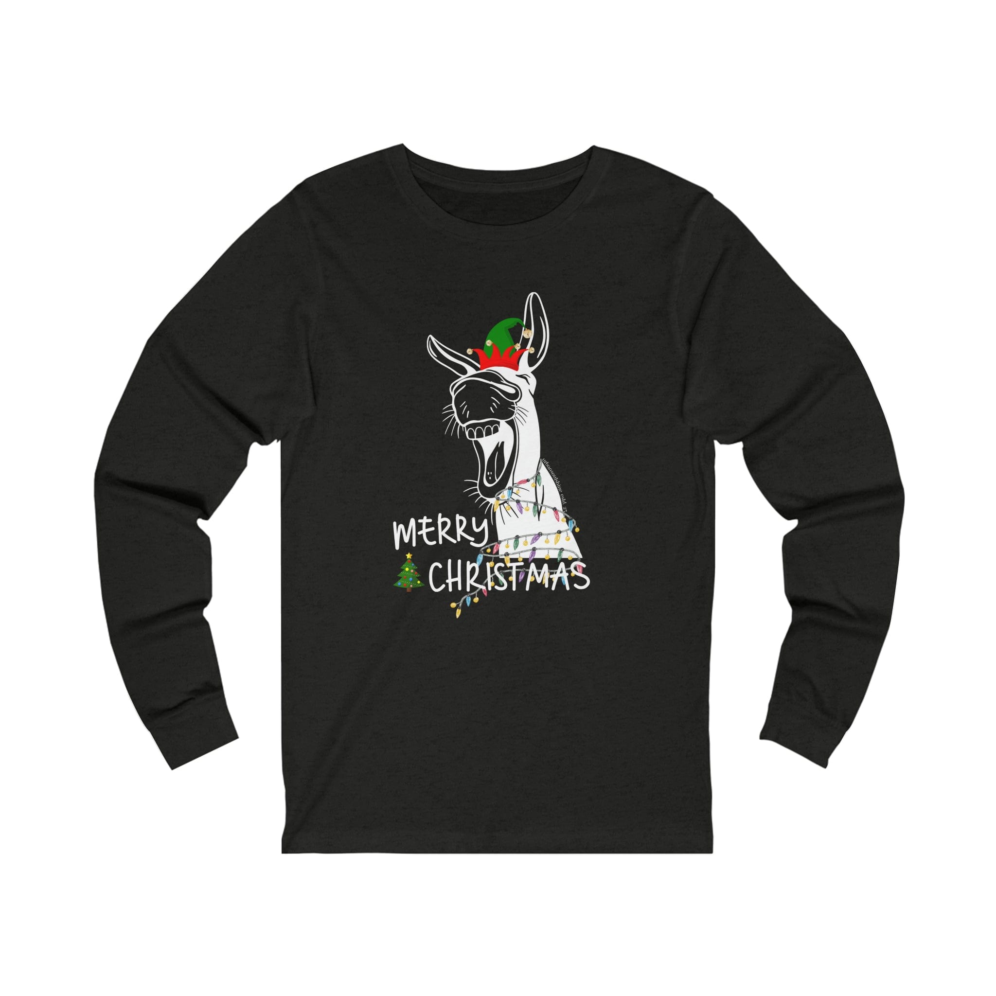 The Merry Donkey Long Sleeve Christmas Tee by Urban SoulShine & co is a black unisex shirt made from soft Airlume combed cotton. It showcases a cartoon donkey in a festive hat decorated with Christmas lights and features the text "Merry Christmas" alongside a small tree graphic, adding whimsical joy to your holiday wardrobe.