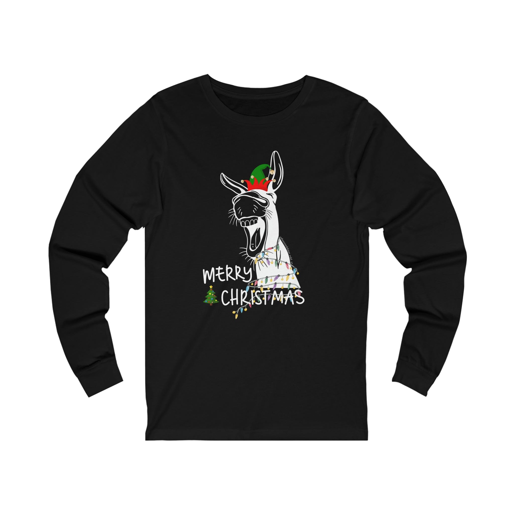 Introducing the Merry Donkey Long Sleeve Christmas Tee (Unisex) by Urban SoulShine & Co, made from premium Airlume combed cotton. This charming tee showcases a donkey wearing a Santa hat and red scarf, with "Merry Christmas" elegantly printed alongside decorative trees and lights for a festive update on a classic holiday look.