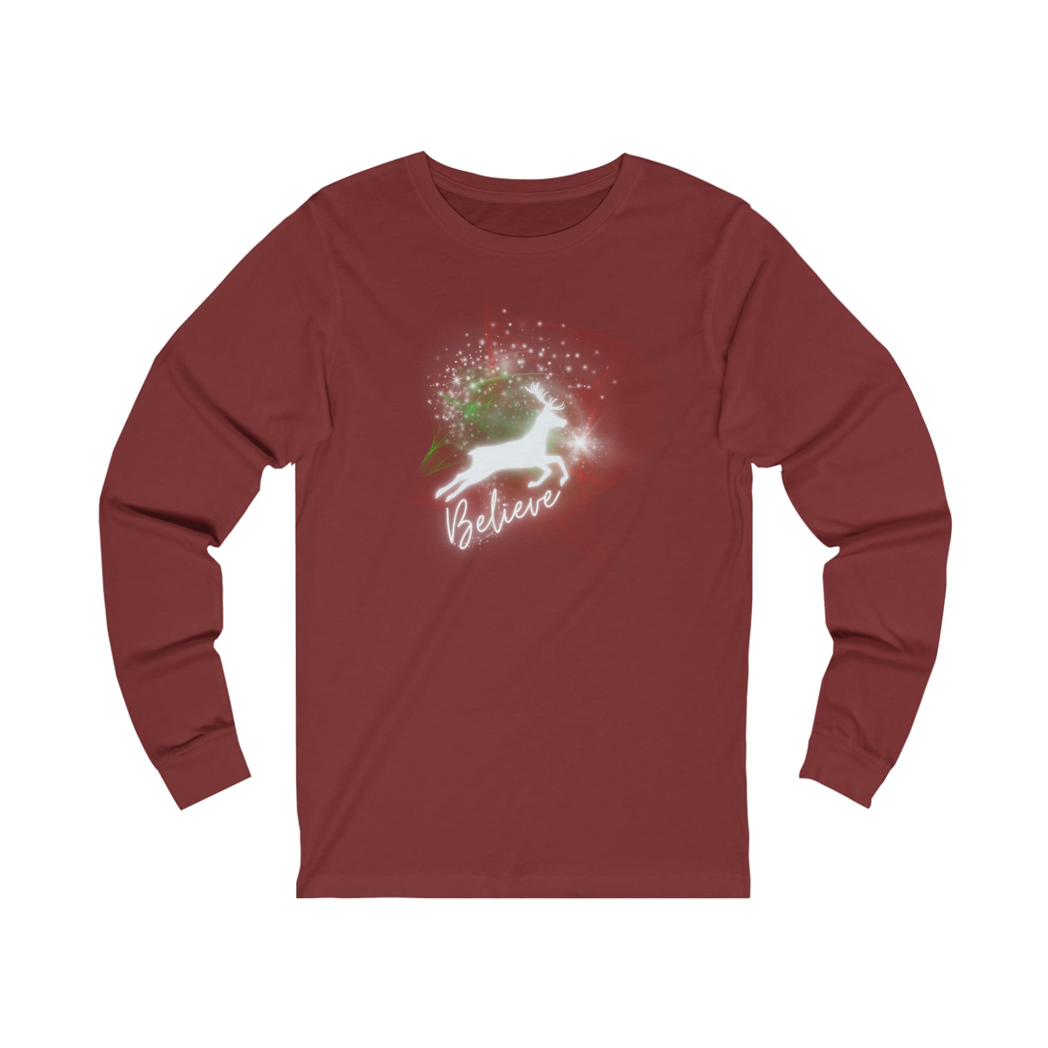 Urban SoulShine & co Long-sleeve S / Cardinal Believe In Light Christmas Reindeer Long Sleeve Tee (Unisex)