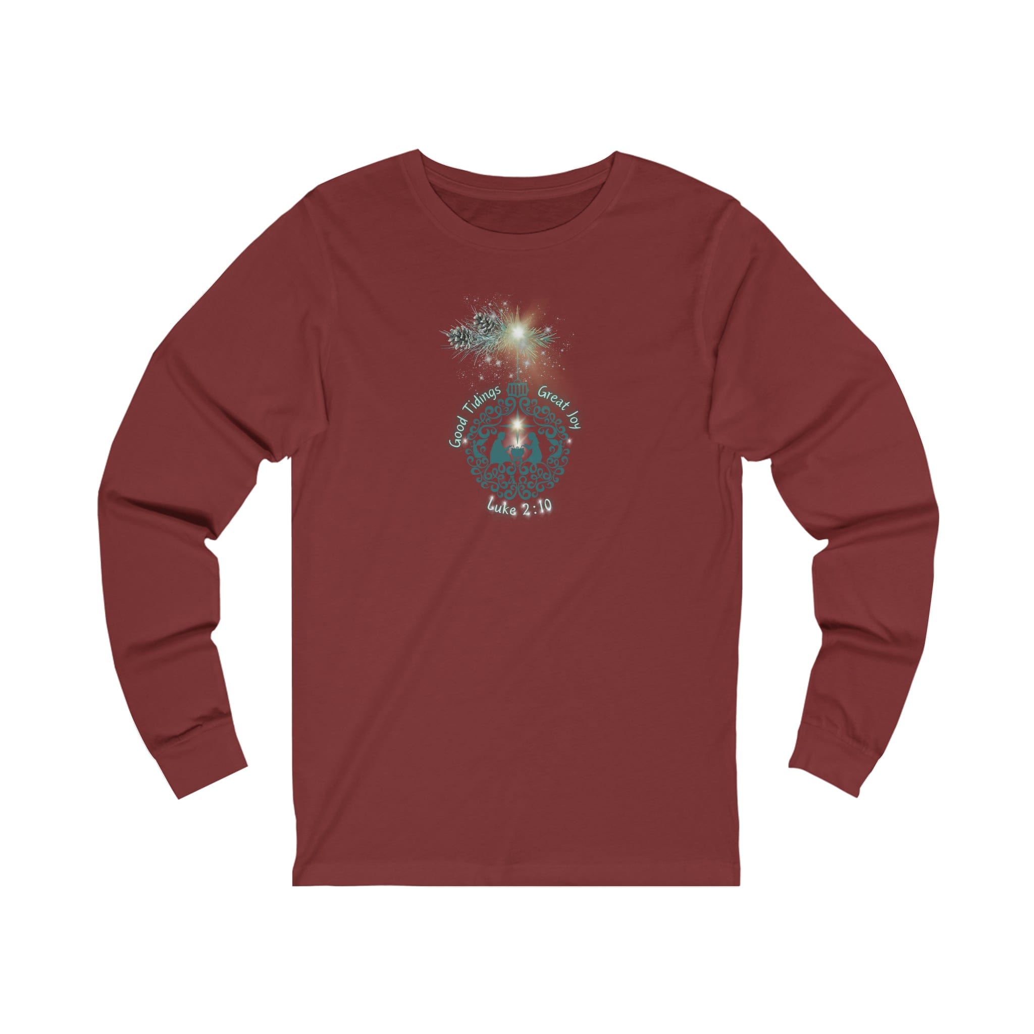 Urban SoulShine & co's Good Tidings Great Joy Christmas Wish Glowing Long Sleeve Tee (Unisex) features a festive design with fireworks above and a circular decorative pattern framing the text: "Good Tidings of Great Joy - Luke 2:10," making it ideal for spreading holiday cheer.