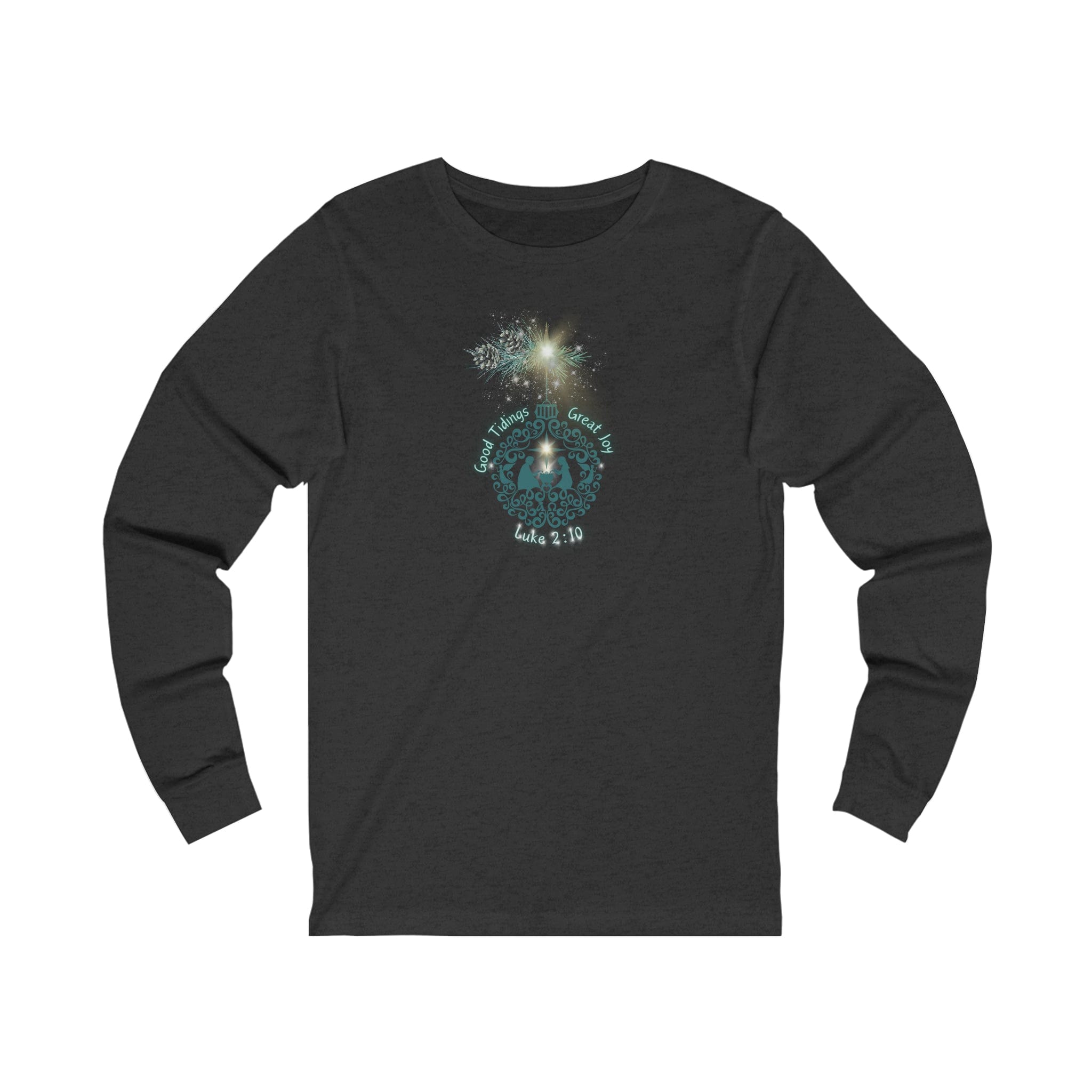 The Good Tidings Great Joy Christmas Wish Glowing Long Sleeve Tee (Unisex) from Urban SoulShine & co features a festive Christmas design showcasing a stunning fireworks motif, along with the phrases "Good Tidings of Great Joy" and "Luke 2:10.