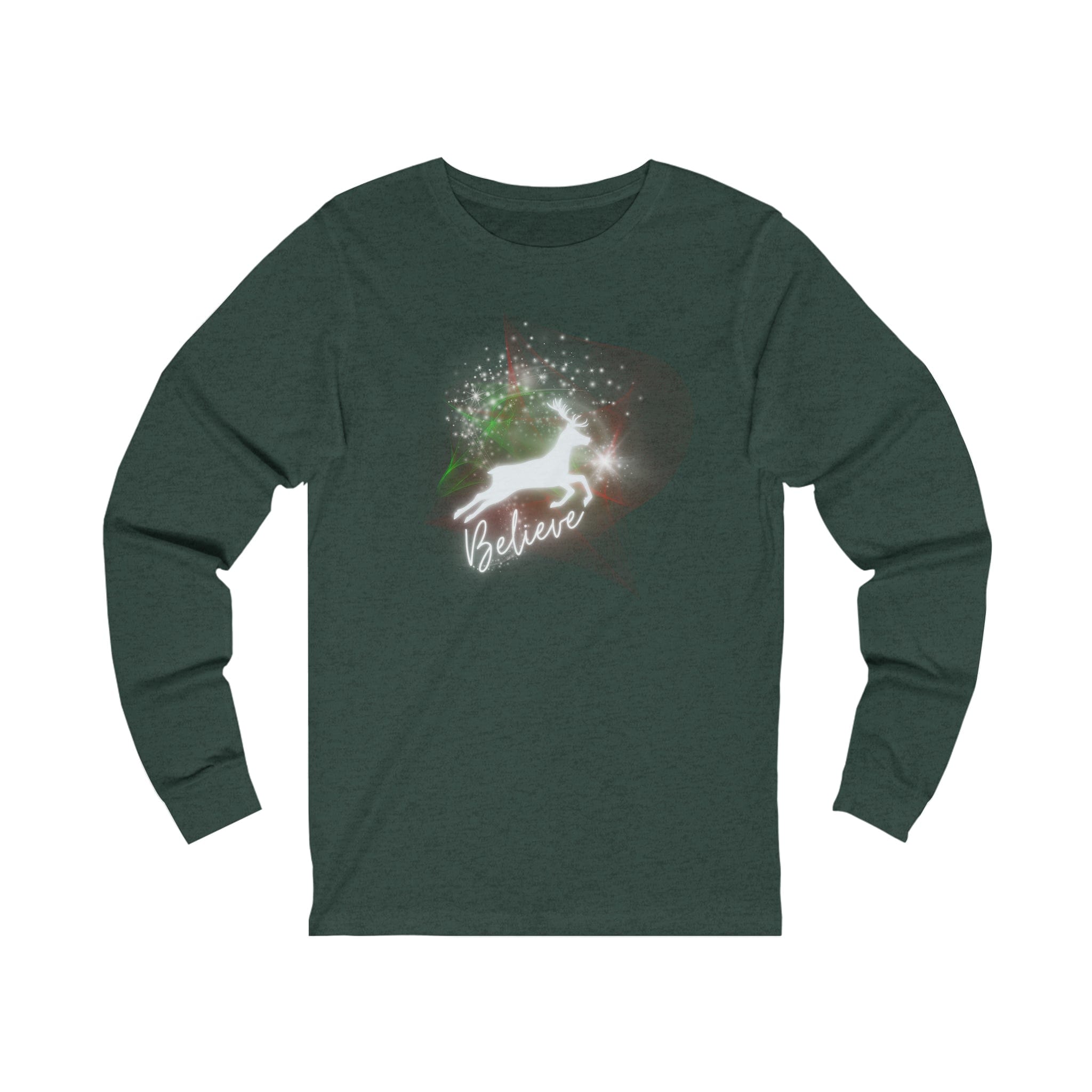  Heather Forest Believe In Light Christmas Reindeer Long Sleeve Tee (Unisex)