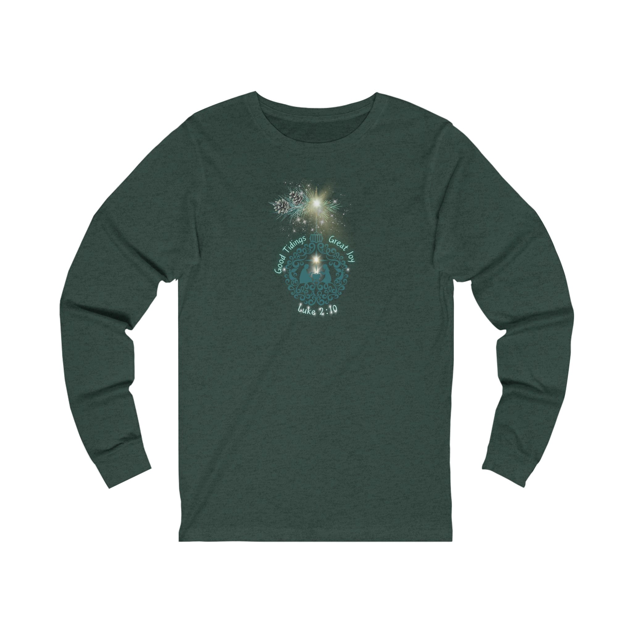 Urban SoulShine & co presents the "Good Tidings Great Joy Christmas Wish Glowing Long Sleeve Tee," a unisex design in green. It features a festive wreath and the text "Good Tidings of Great Joy, Luke 2:10" in white, accented with sparkles and stars for a light projection effect that perfectly embodies the seasonal spirit.