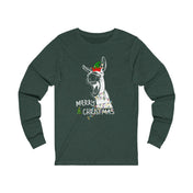 This unisex long sleeve tee from Urban SoulShine & co features a festive cartoon donkey wearing a Santa hat, with "Merry Christmas" joyfully printed below and surrounded by decorative holiday lights. Crafted from Airlume combed cotton, it's soft and ideal for celebrating the season.