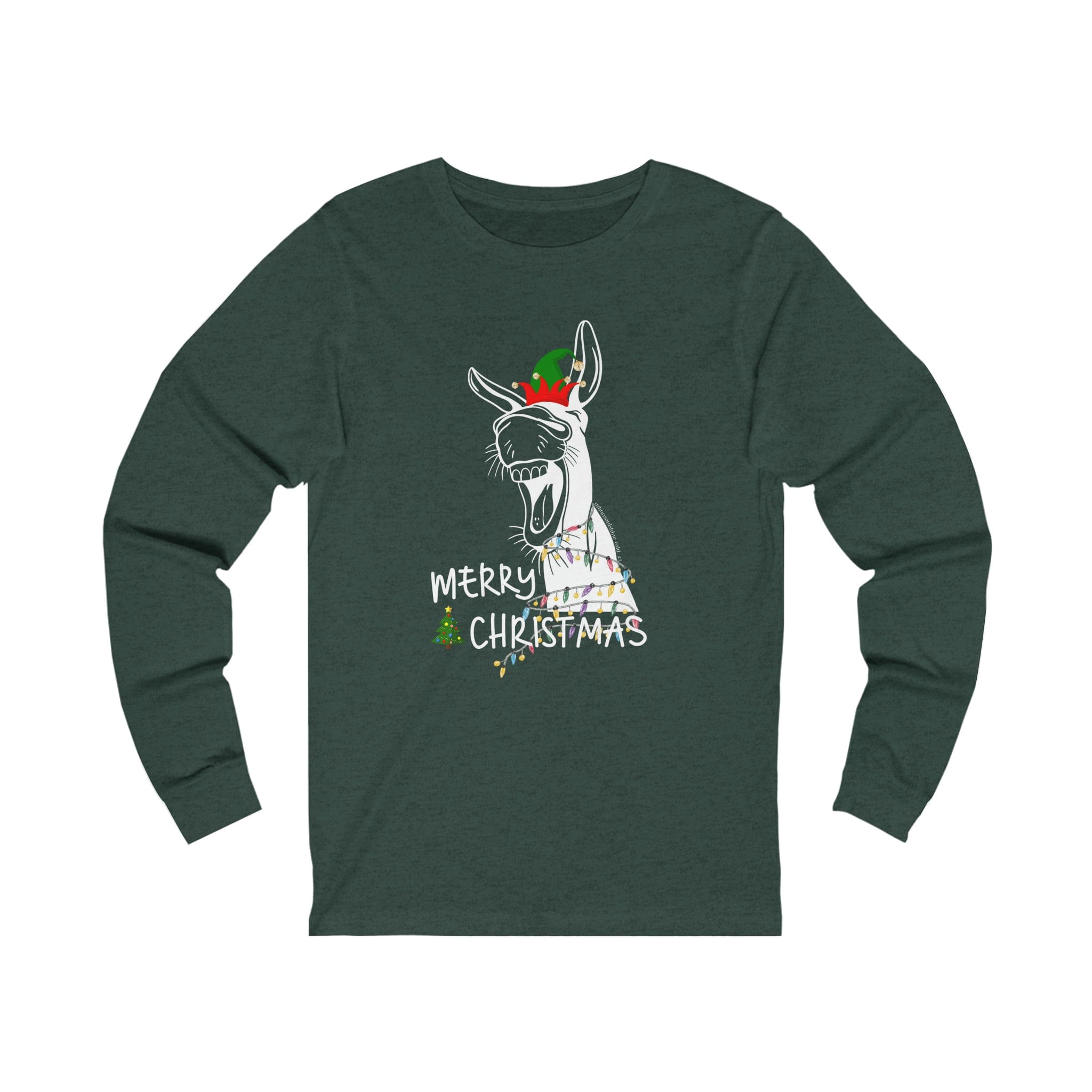 This unisex long sleeve tee from Urban SoulShine & co features a festive cartoon donkey wearing a Santa hat, with "Merry Christmas" joyfully printed below and surrounded by decorative holiday lights. Crafted from Airlume combed cotton, it's soft and ideal for celebrating the season.