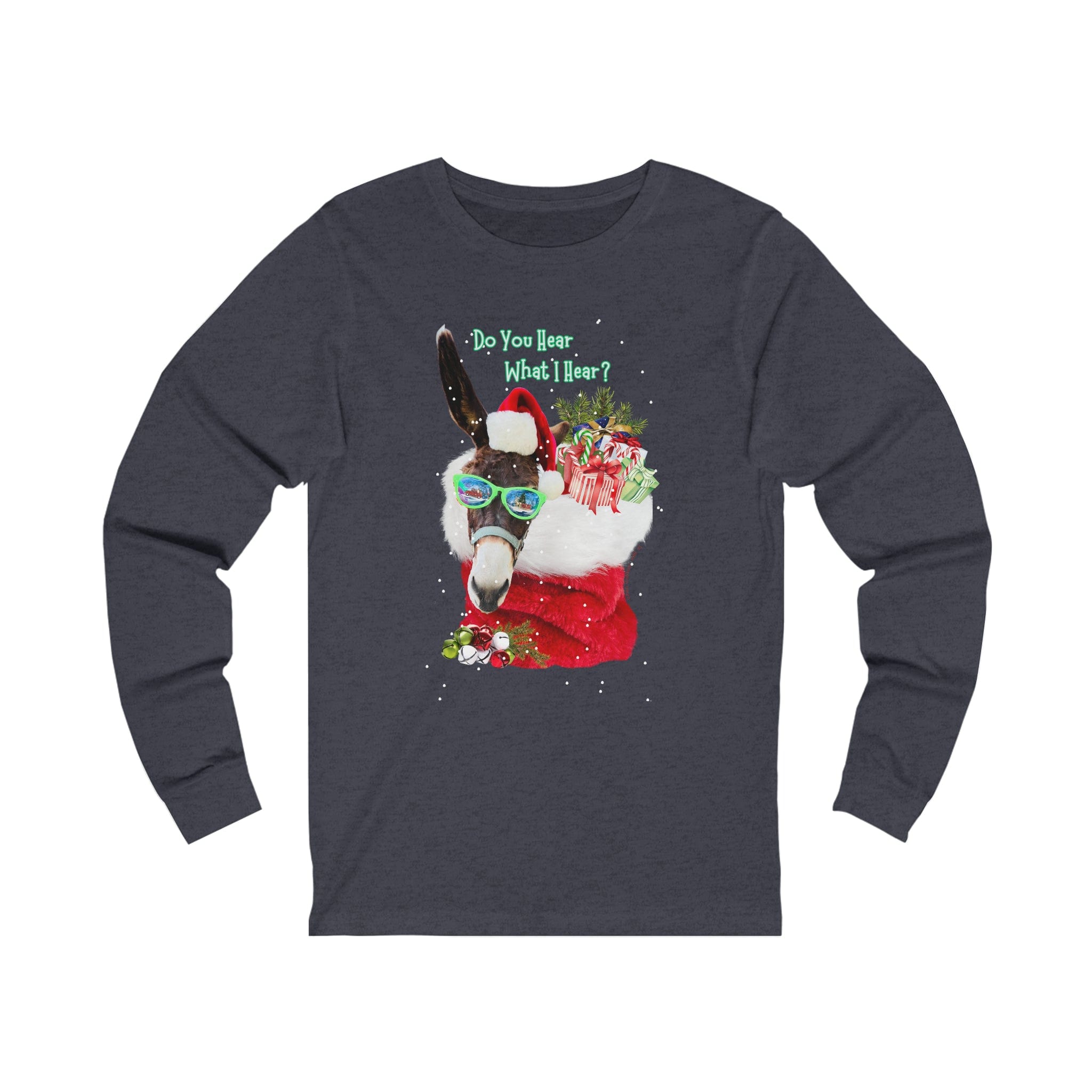  Heather Navy Do You Hear What I Hear Donkey Claus Long Sleeve Tee (Unisex)