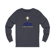 The Urban SoulShine & co "For Unto Us A Child Is Born" Christmas Long Sleeve Tee is a dark gray unisex shirt featuring a silhouette of a nativity scene with wisemen and a bright star above. Made from Airlume combed cotton, it includes the text "For Unto Us A Child Is Born" below.