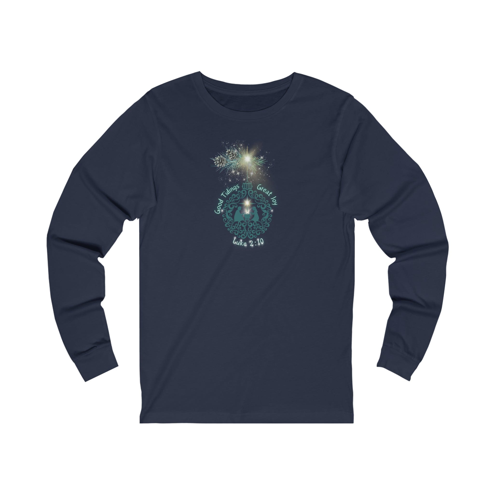 Urban SoulShine & co presents the Good Tidings Great Joy Christmas Wish Glowing Long Sleeve Tee (Unisex) in navy, showcasing a festive Christmas design with fireworks, "Good Tidings of Great Joy" text above a circular green wreath, and the words "Luke 2:10.