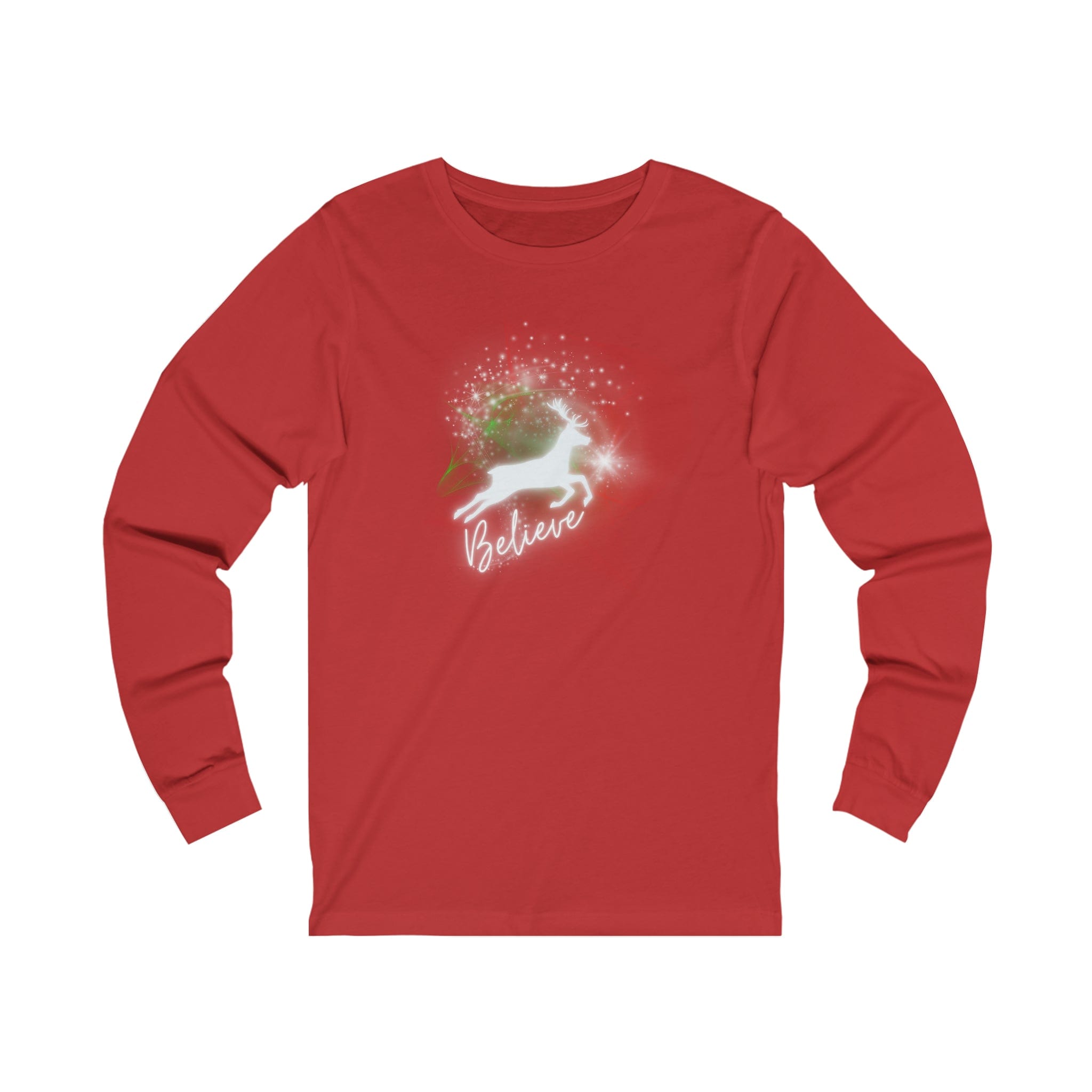  Red Believe In Light Christmas Reindeer Long Sleeve Tee (Unisex)