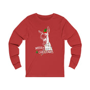 Unisex long sleeve tee from Urban SoulShine & co, crafted in Airlume combed cotton, featuring a festive donkey illustration wearing a Santa hat and a string of colorful Christmas lights. The words "Merry Christmas" are written below in white, adding holiday cheer.