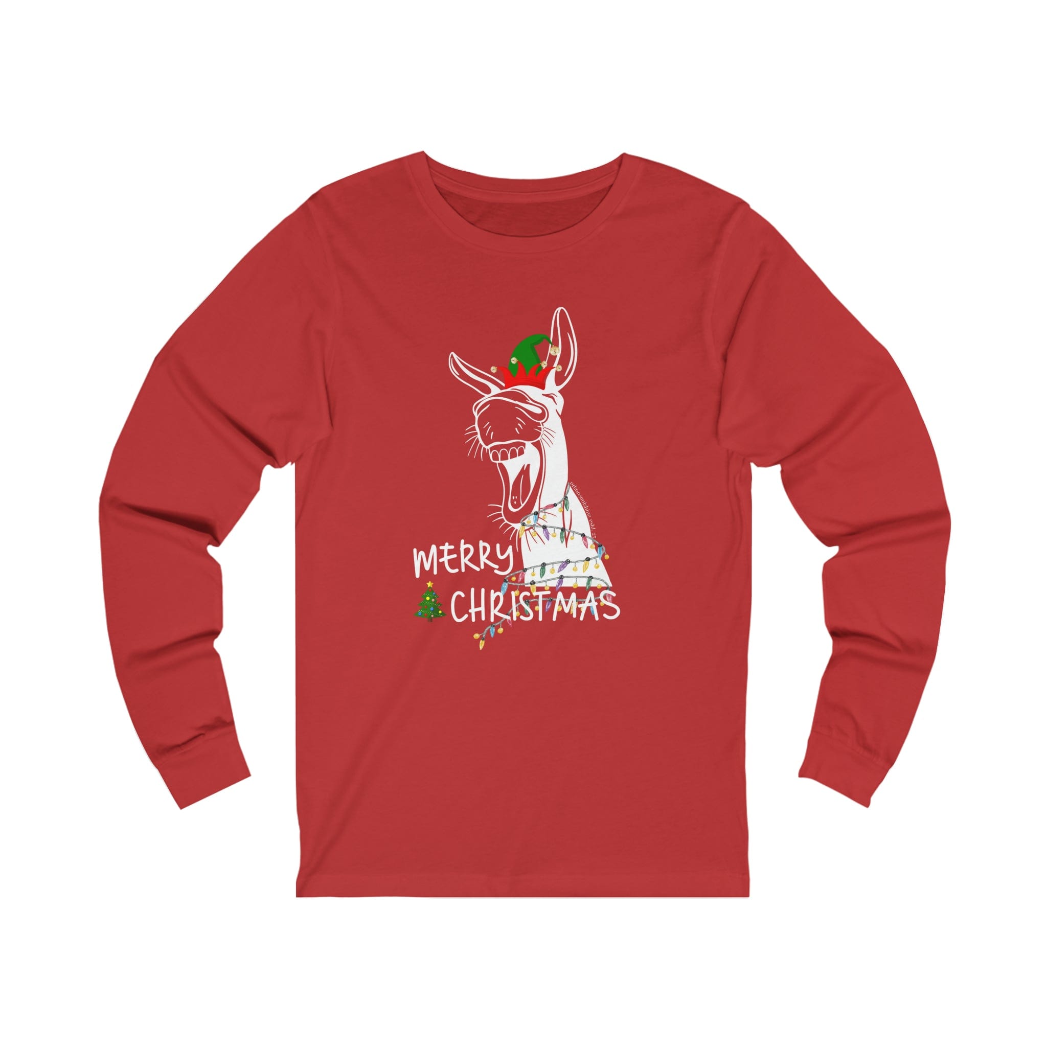 Unisex long sleeve tee from Urban SoulShine & co, crafted in Airlume combed cotton, featuring a festive donkey illustration wearing a Santa hat and a string of colorful Christmas lights. The words "Merry Christmas" are written below in white, adding holiday cheer.