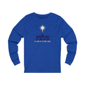 Urban SoulShine & Co presents the "For Unto Us A Child Is Born" Christmas Long Sleeve Tee, a unisex shirt in blue that beautifully displays a nativity scene complete with a star above and the message "For Unto Us A Child Is Born." Crafted from soft Airlume combed cotton, this tee captures the essence of Christmas with its enchanting wisemen design.