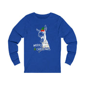 The Merry Donkey Long Sleeve Christmas Tee, crafted by Urban SoulShine & Co, is a unisex shirt made from soft Airlume combed cotton. It features a festive blue design with a whimsical illustration of a donkey wearing a Santa hat and wrapped in Christmas lights, elegantly displaying the message "Merry Christmas" beneath.