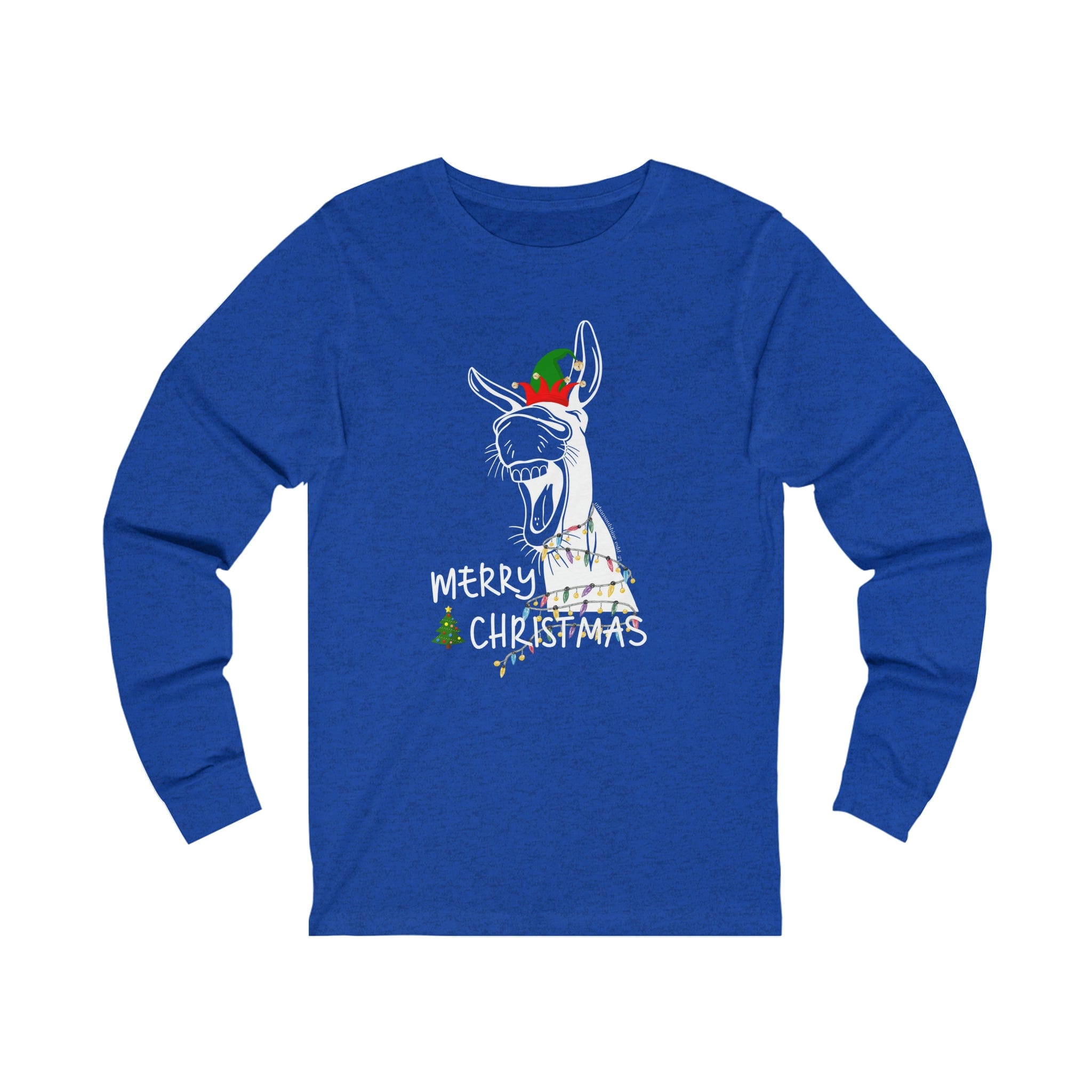 The Merry Donkey Long Sleeve Christmas Tee, crafted by Urban SoulShine & Co, is a unisex shirt made from soft Airlume combed cotton. It features a festive blue design with a whimsical illustration of a donkey wearing a Santa hat and wrapped in Christmas lights, elegantly displaying the message "Merry Christmas" beneath.