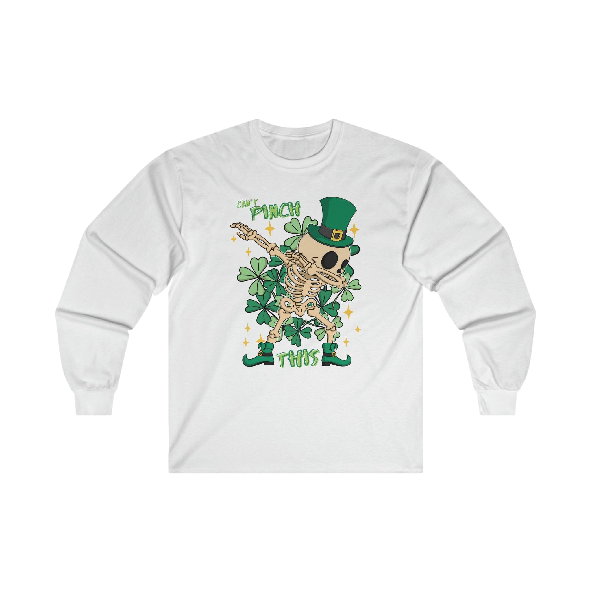  White Can't Pinch This Irish Skeleton Dance Gildan Long Sleeve Tee (Unisex)