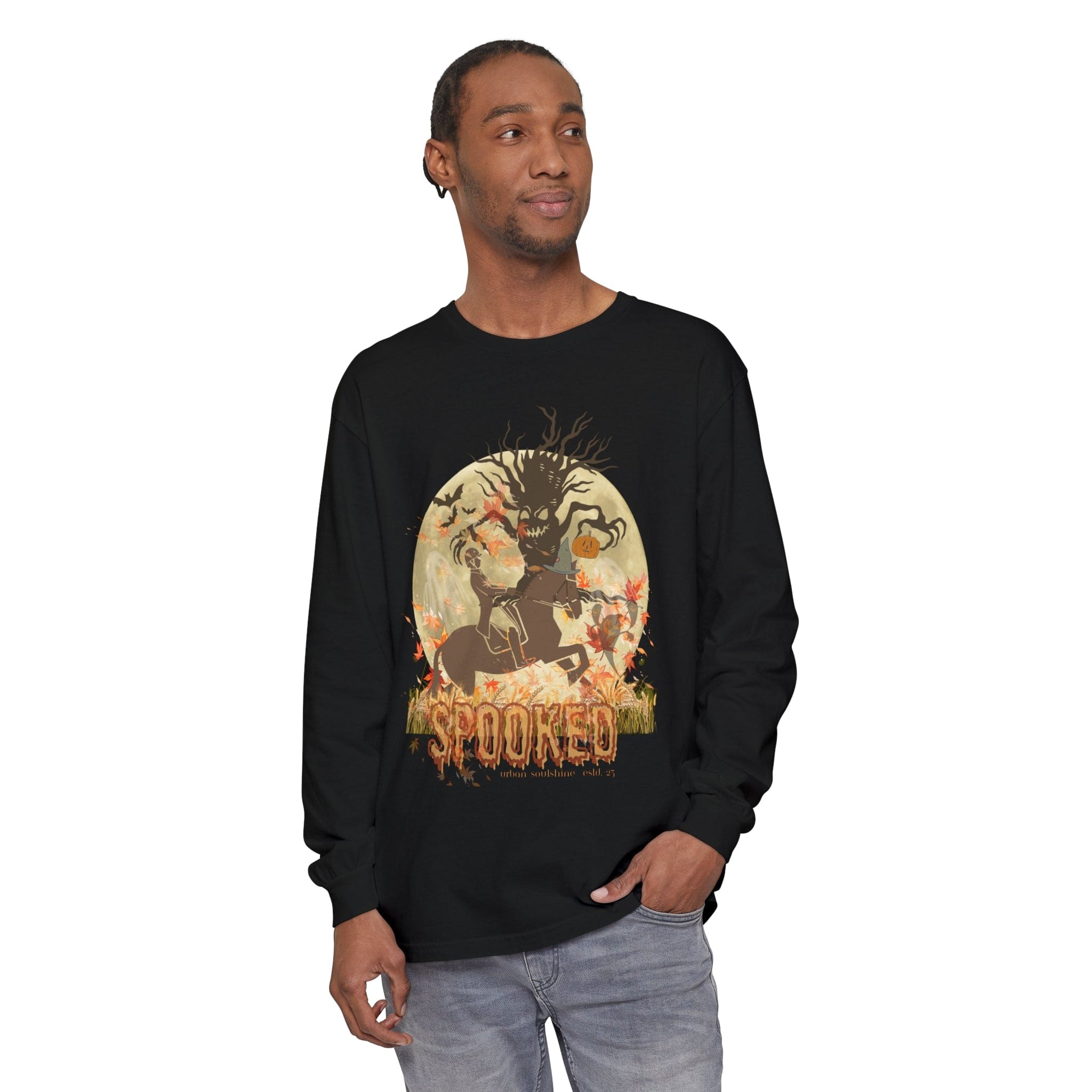 Urban SoulShine & co Long-sleeve Spooked Horse Trail Long-Sleeve Halloween Tee (unisex)