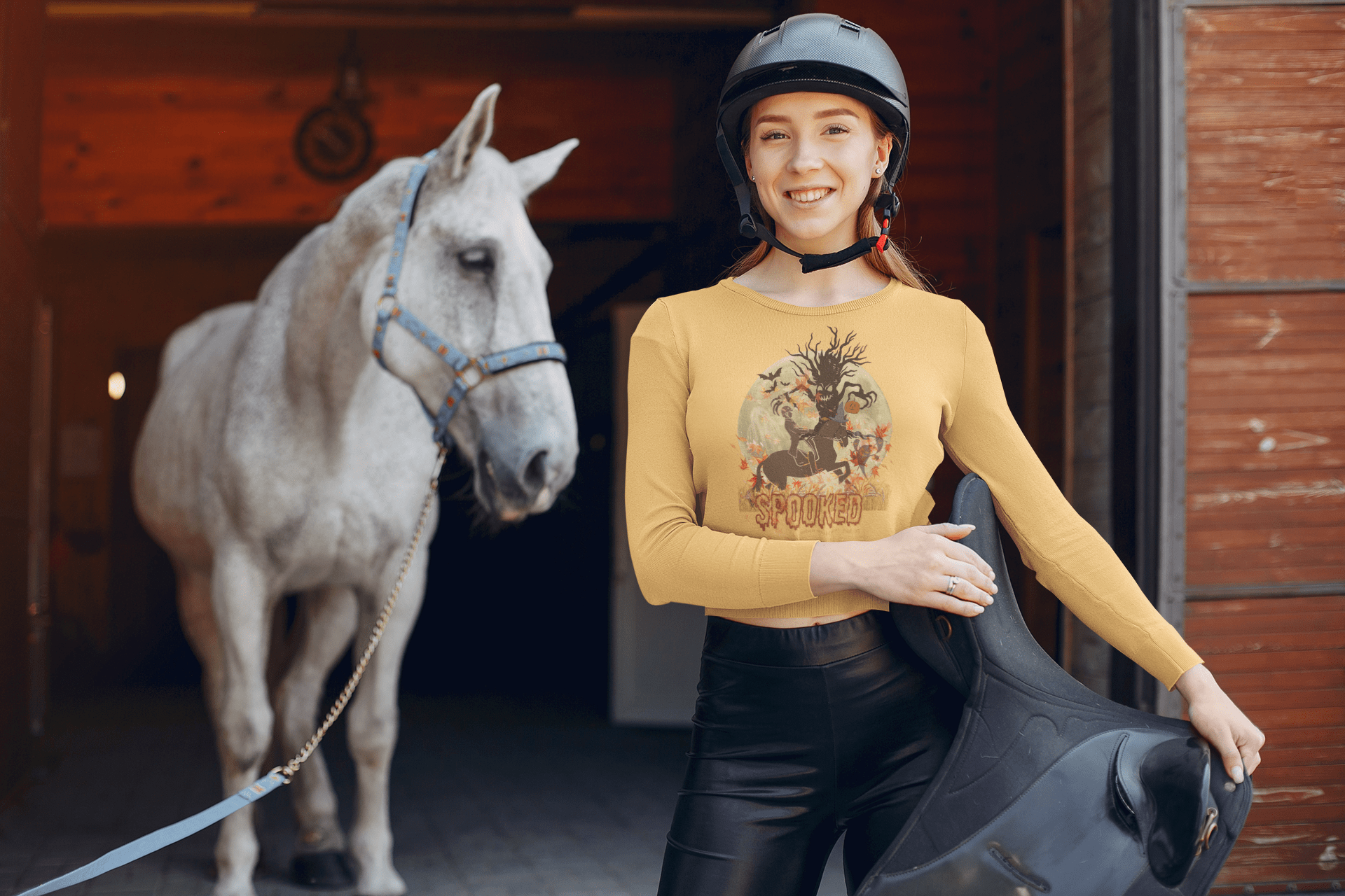 Urban SoulShine & co Long-sleeve Spooked Horse Trail Long-Sleeve Halloween Tee (unisex)