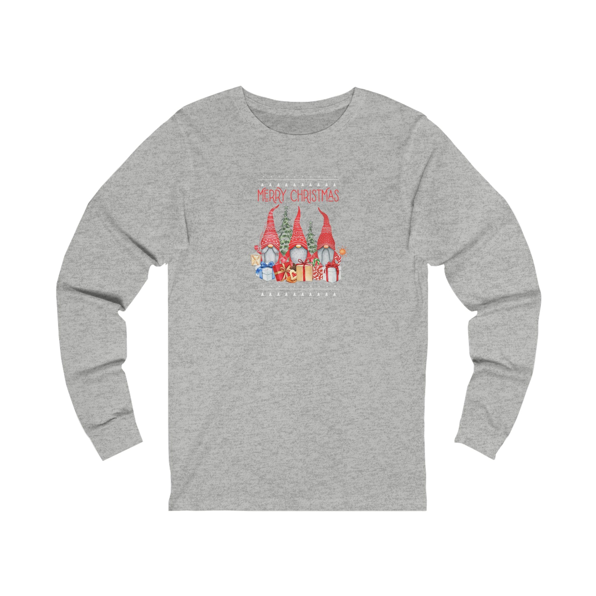 Urban SoulShine & co's Three Merry Gnomes Christmas Long Sleeve Tee is a grey unisex jersey crafted from soft Airlume cotton, featuring a "Merry Christmas" design with three festive gnomes and a house.