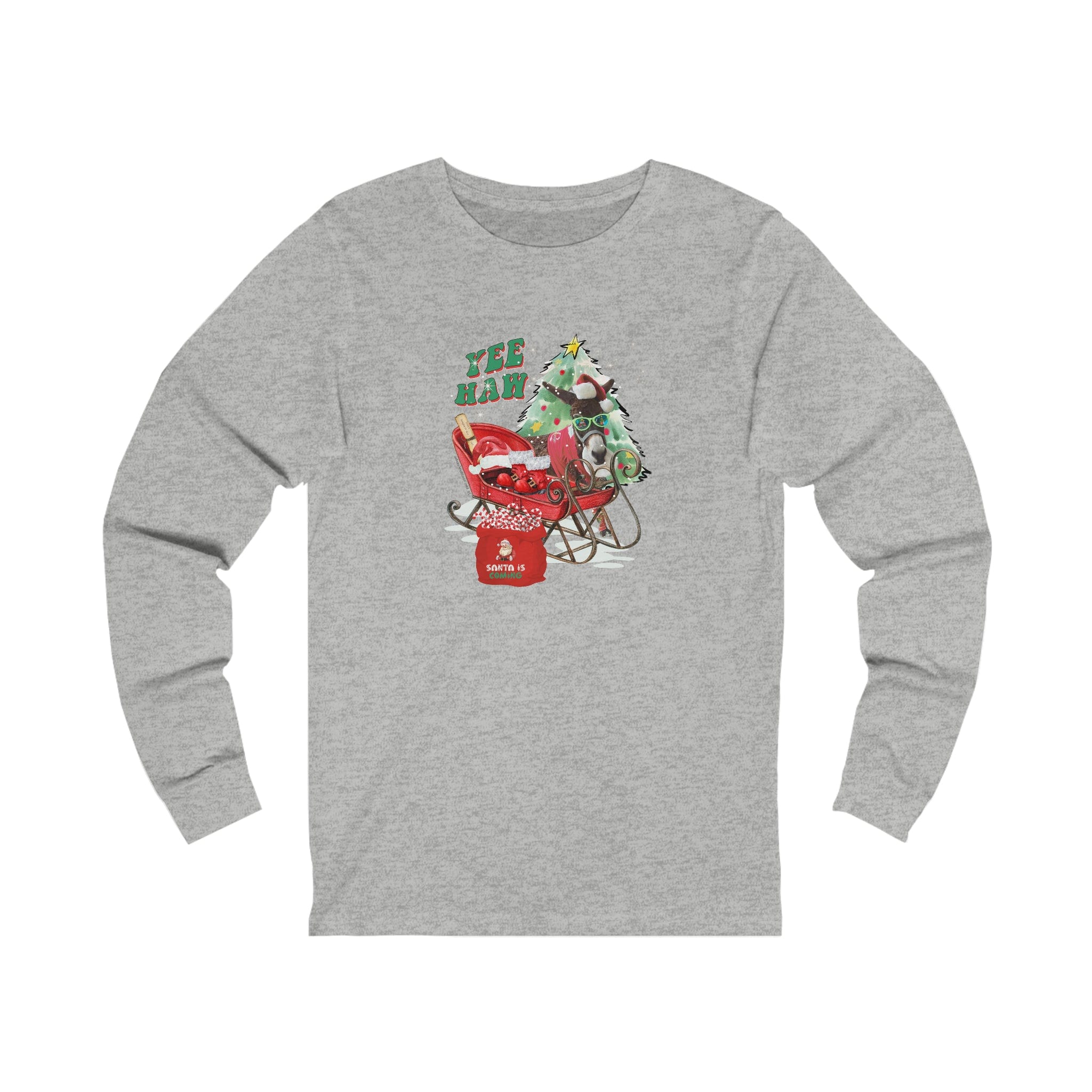 Urban SoulShine & co presents the YEE HAW Santa Is Coming Donkey Claus Long Sleeve Tee (unisex), a gray jersey shirt featuring a cheerful design of a cartoon character riding in a red wagon with a Christmas tree and gifts. Ideal for the holiday season, it adds festive cheer with the phrase "YEE HAW!