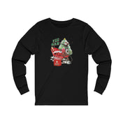 Celebrate the holiday season with the "YEE HAW Santa Is Coming Donkey Claus Long Sleeve Tee" from Urban SoulShine & co. This unisex jersey long-sleeve shirt features a festive cow behind a red wheelbarrow overflowing with gifts and decorations, reminiscent of the cheerful Donkey Claus print. The design is playfully topped with "Yee Haw" in holly-inspired green and red hues.